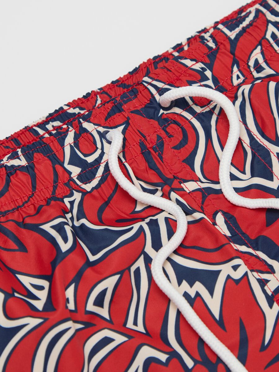Red Floral Print Swim Shorts_5