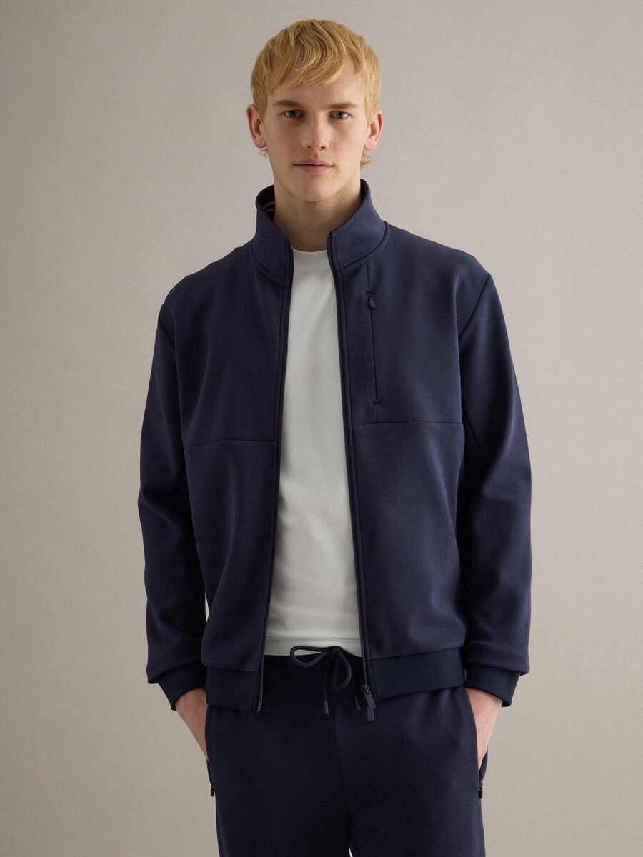Felpa in misto cotone blu regular fit con full zip e collo alto_1