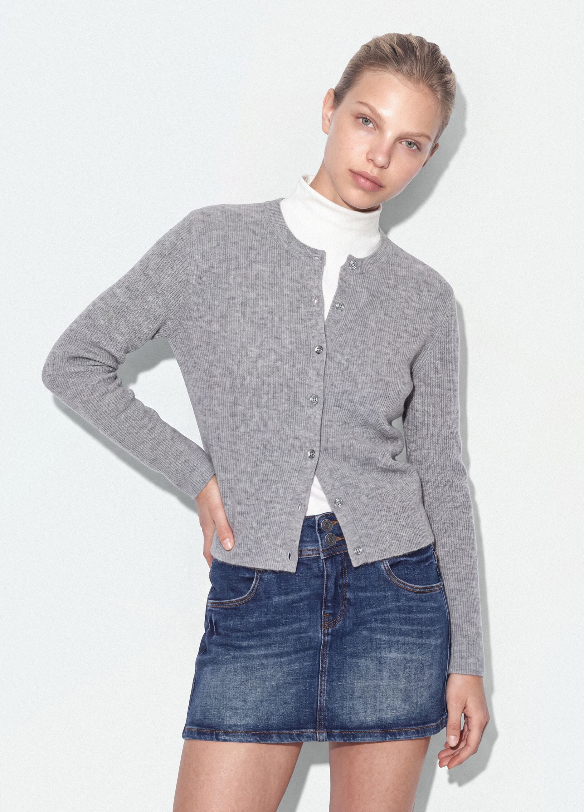 Grey crew-neck cardigan in lyocell and wool blend, oversized fit