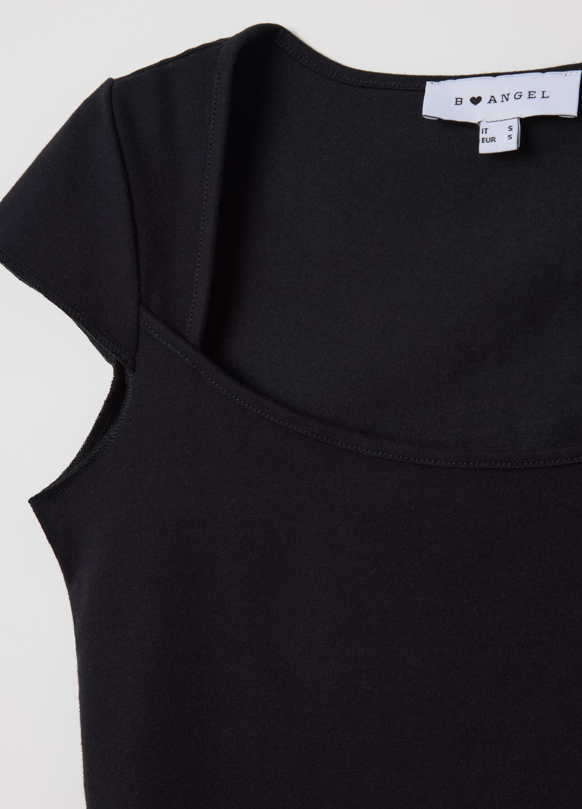 Women’s fitted black T-shirt in stretch cotton with square neckline