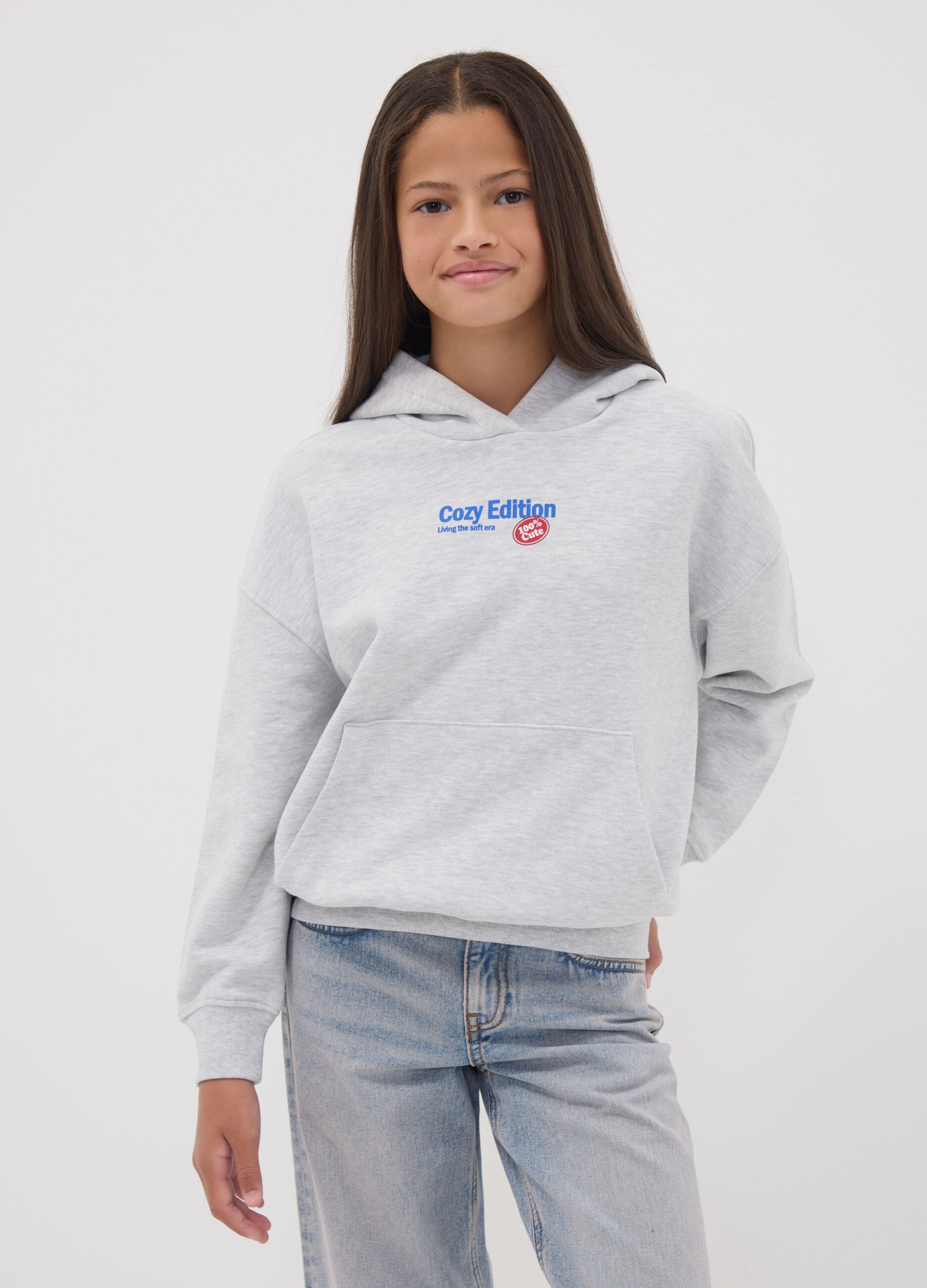 Grey oversized hoodie with teddy bear print in a cotton and viscose blend