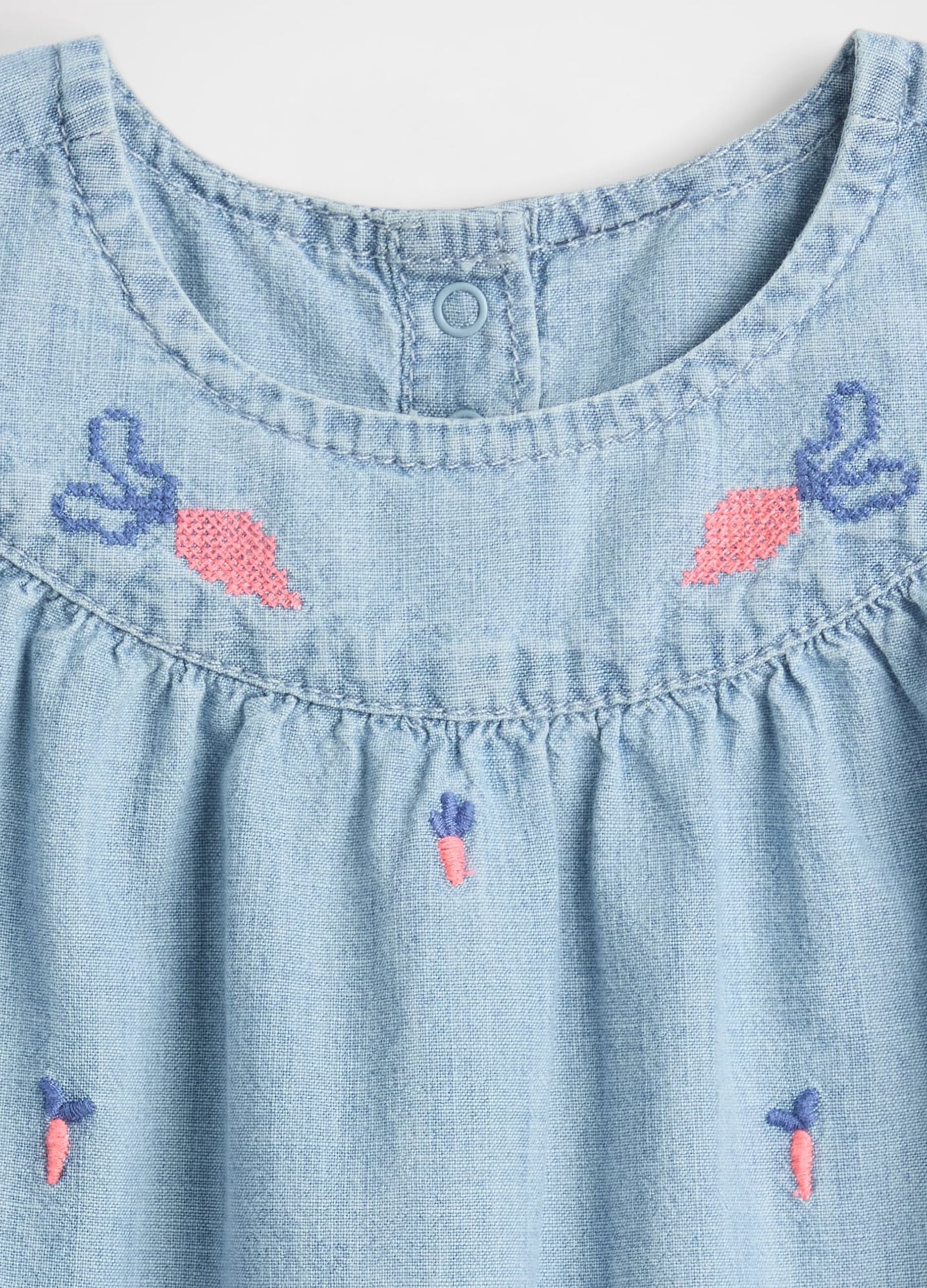 Denim Playsuit with Floral Embroidery