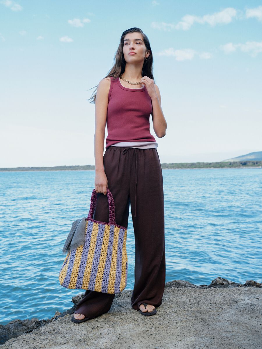 Brown viscose and linen-blend straight-fit trousers_0