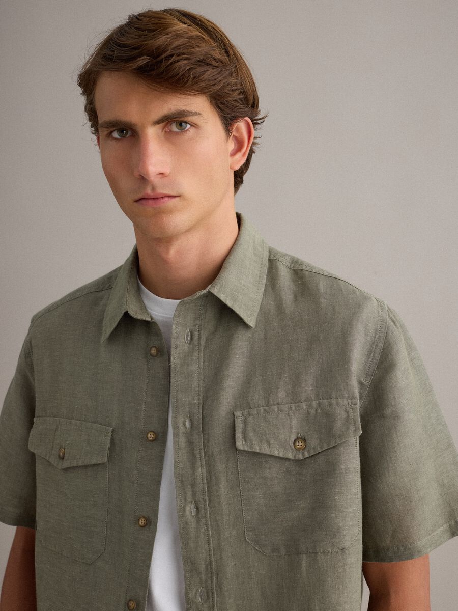 Camicia verde in misto lino e cotone regular fit_0