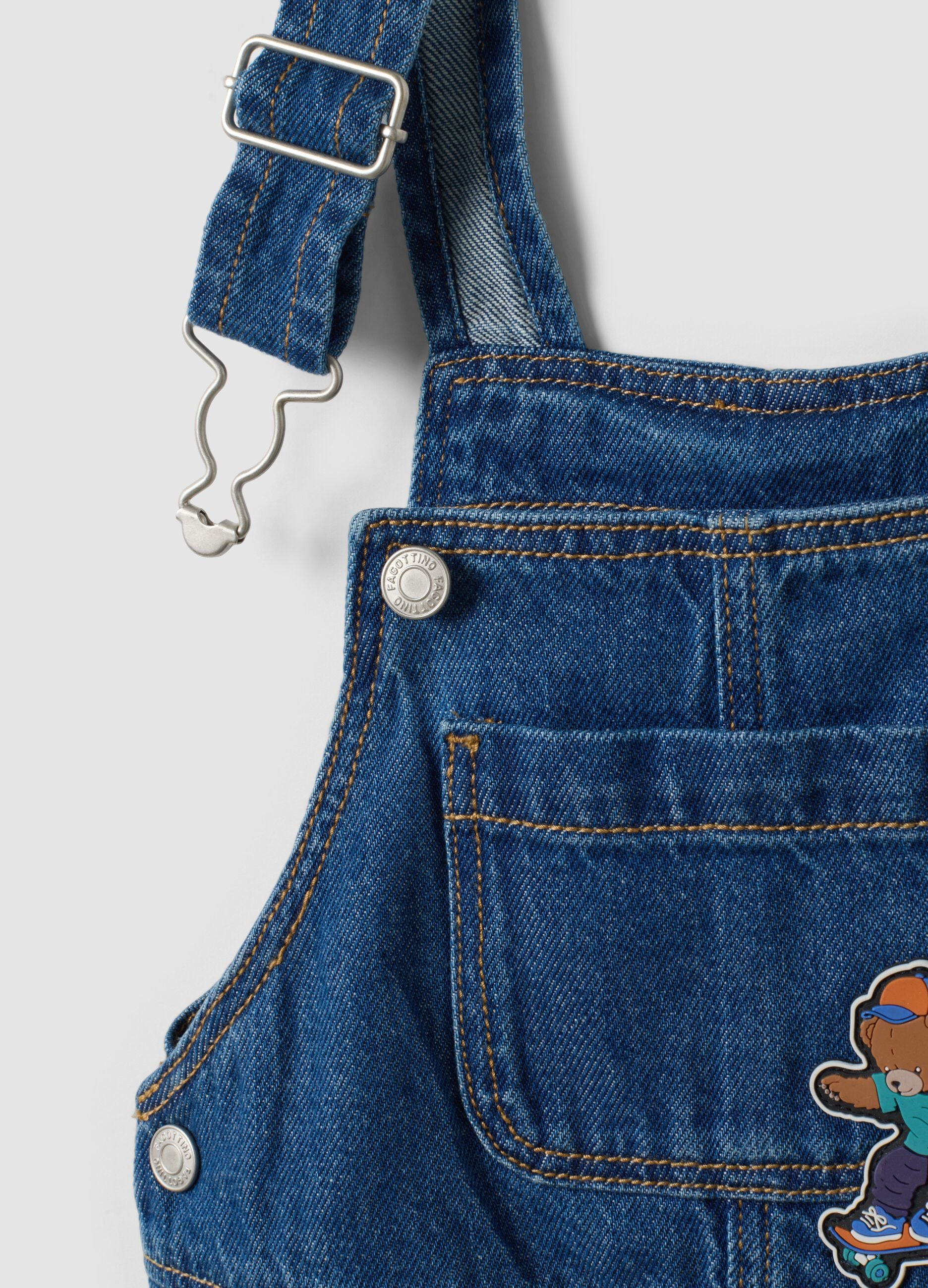 Blue pure cotton denim dungarees with teddy bear motif for baby boy