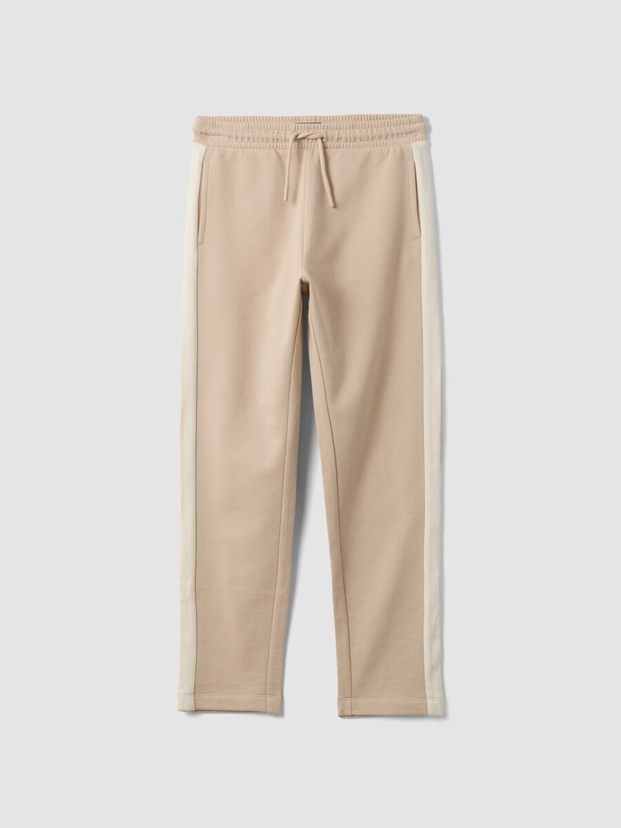 Pantaloni jogger beige in puro cotone con bande laterali per ragazzo_3