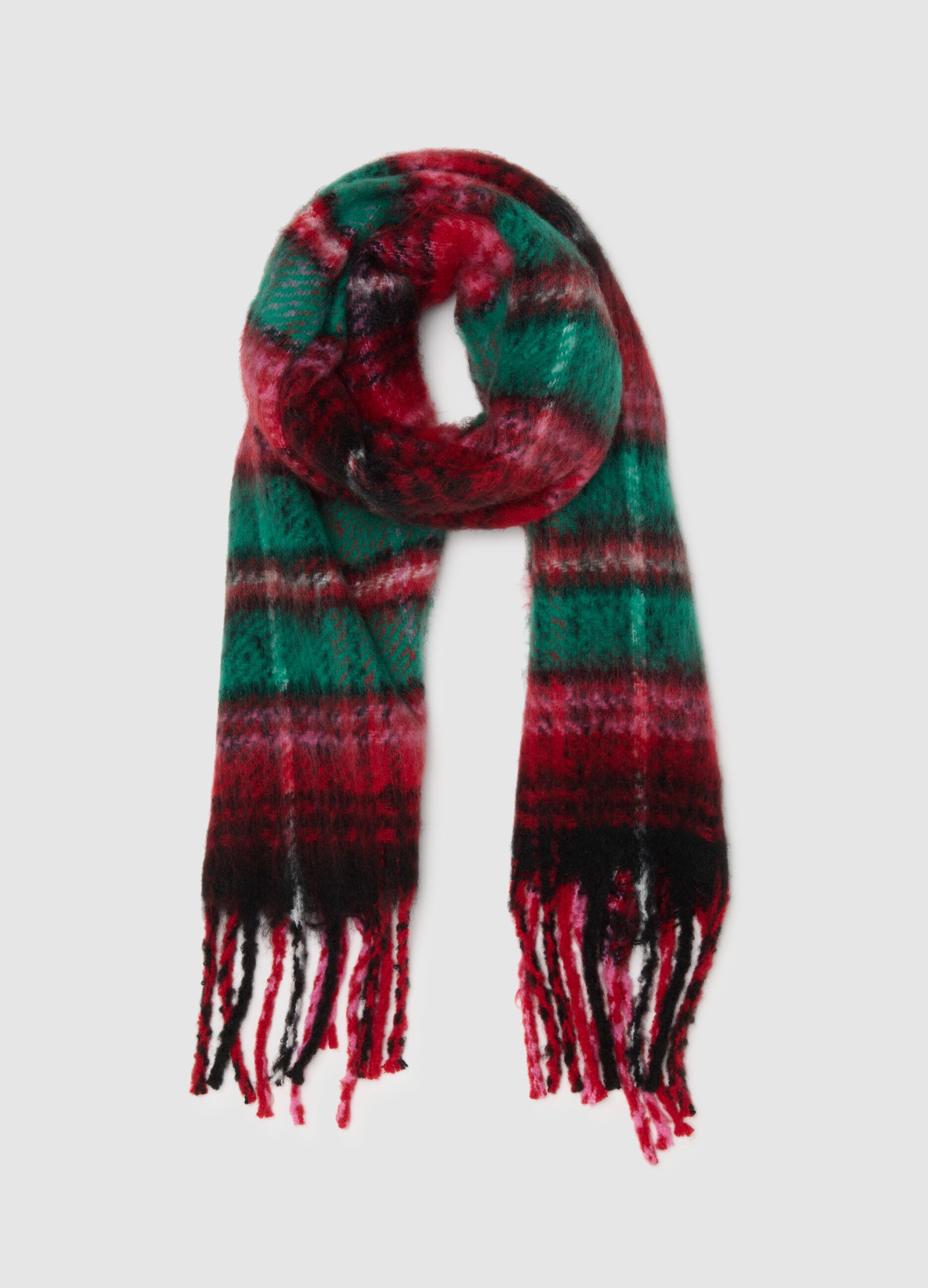 Multicoloured checked scarf with fringes