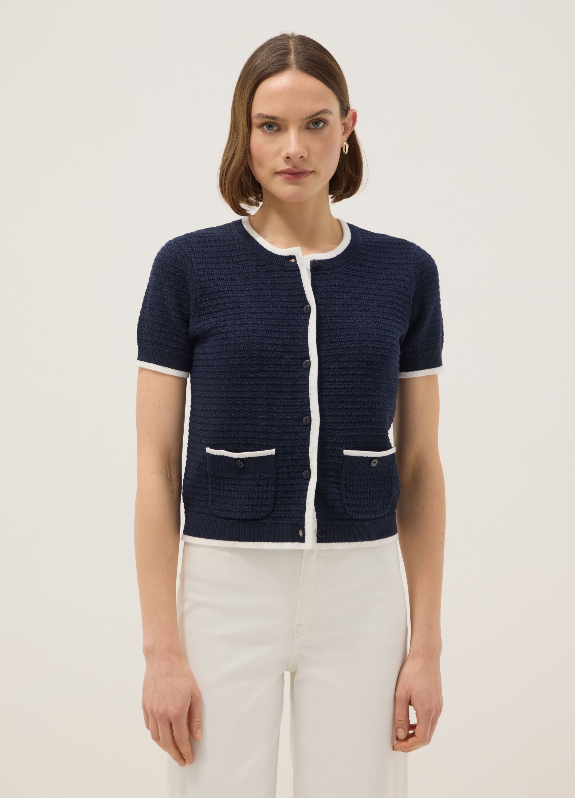 Regular fit blue cotton cardigan with buttons