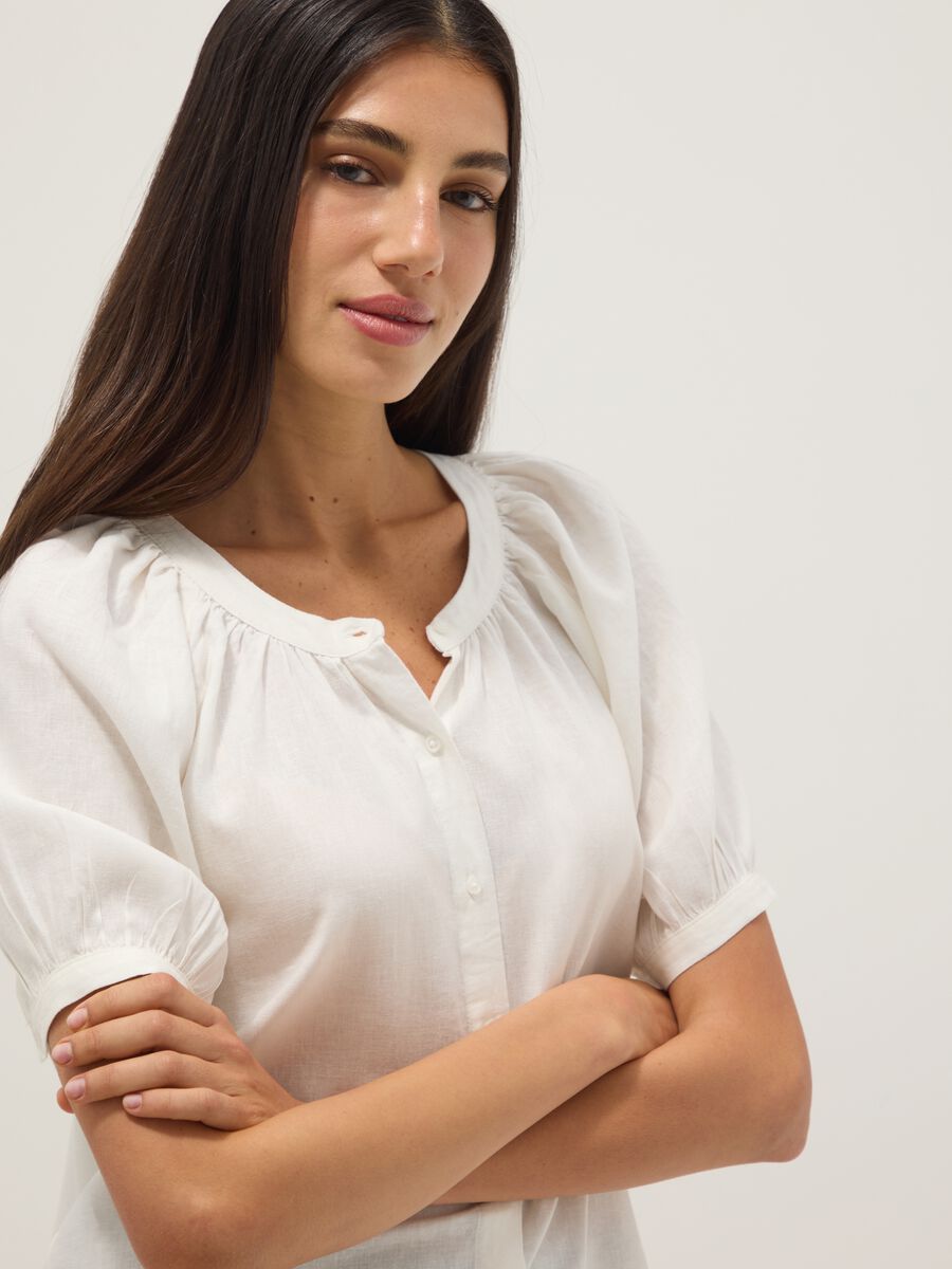 White linen blend regular fit shirt with Mandarin collar_0