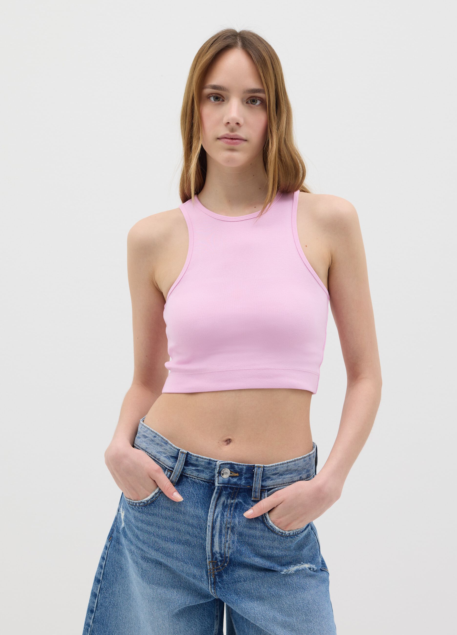 Women’s pink regular-fit short top in stretch cotton