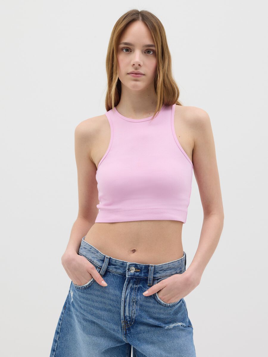 Pink Ribbed Crop Top in Stretch Cotton B.Angel_0