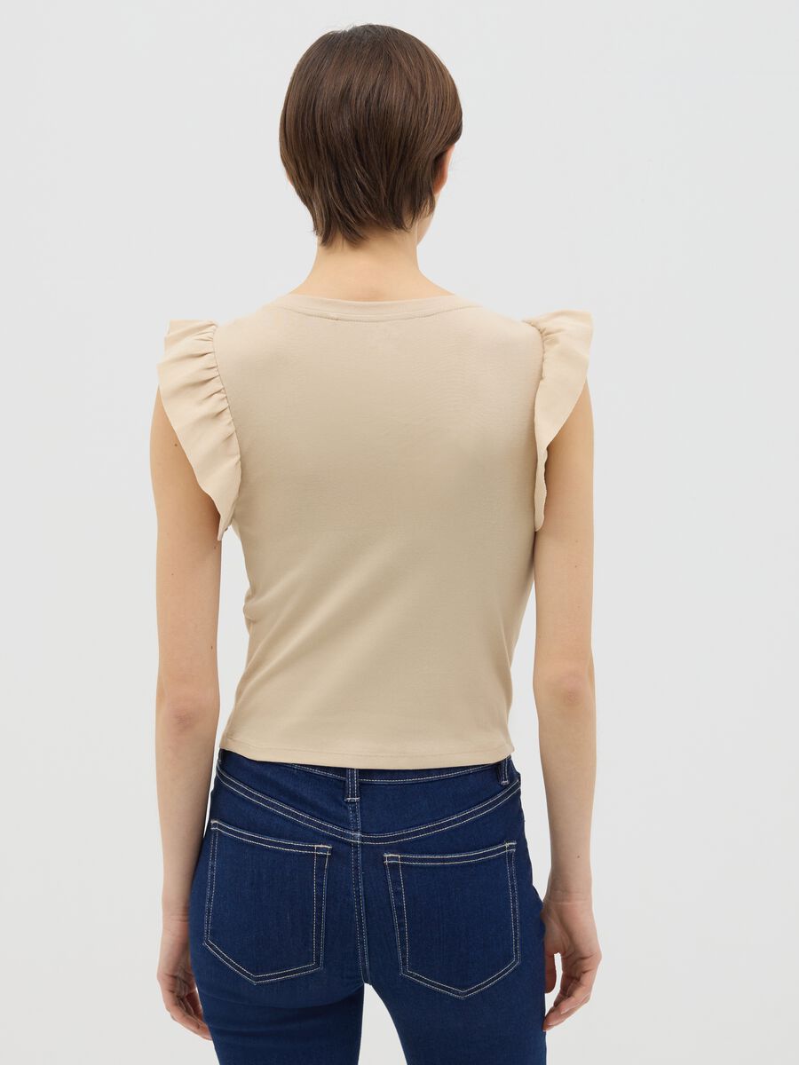 Beige cotton tee with ruched sleeves_3