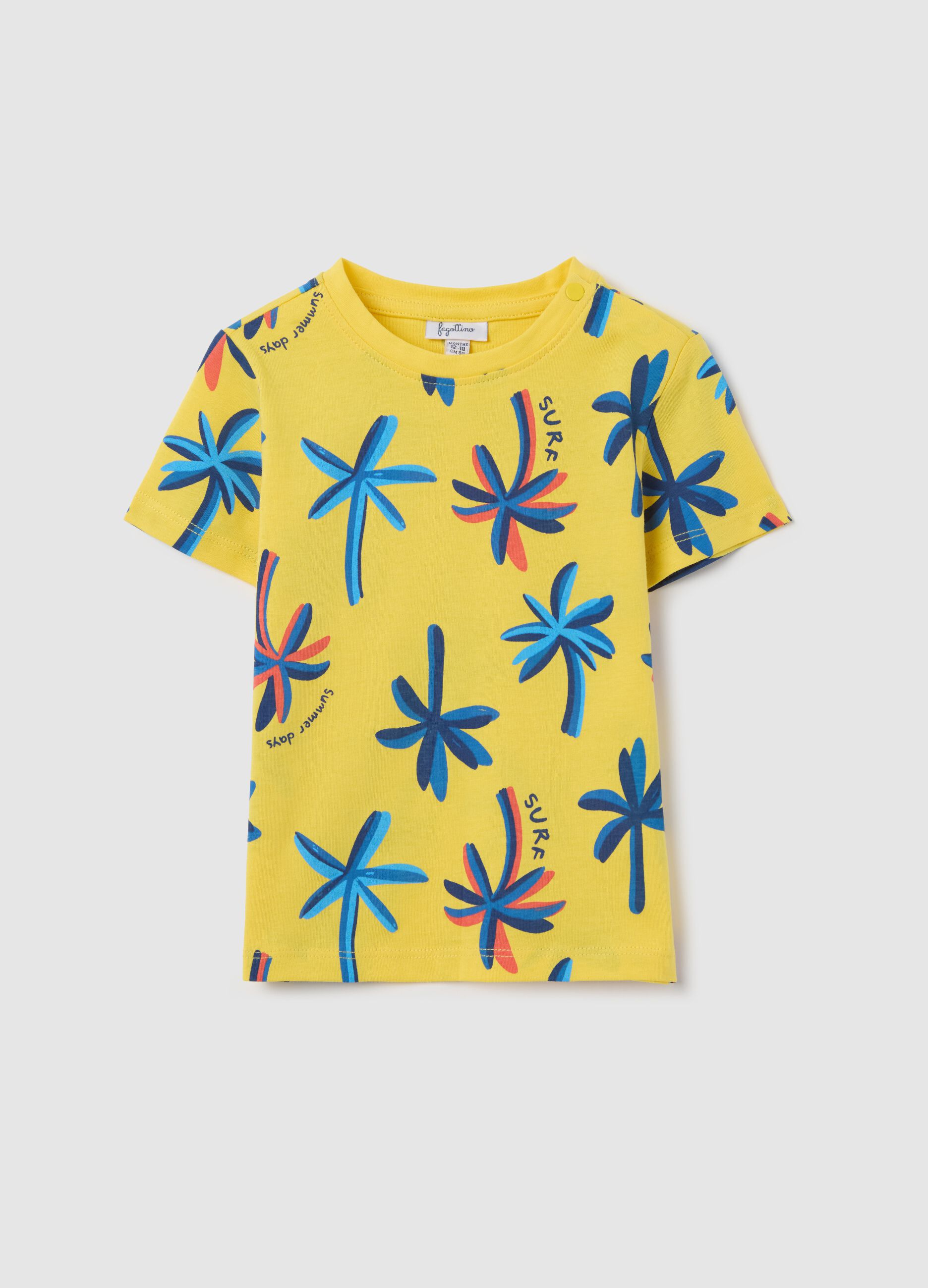 Yellow cotton T-shirt with palms print