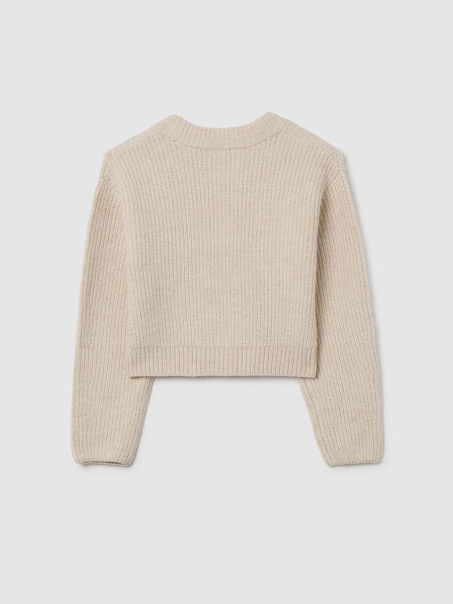 Beige V-neck cardigan with oversized fit for girls_4