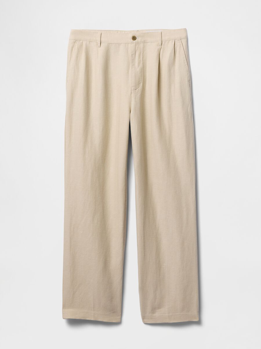 Beige wide leg trousers in linen and cotton_5