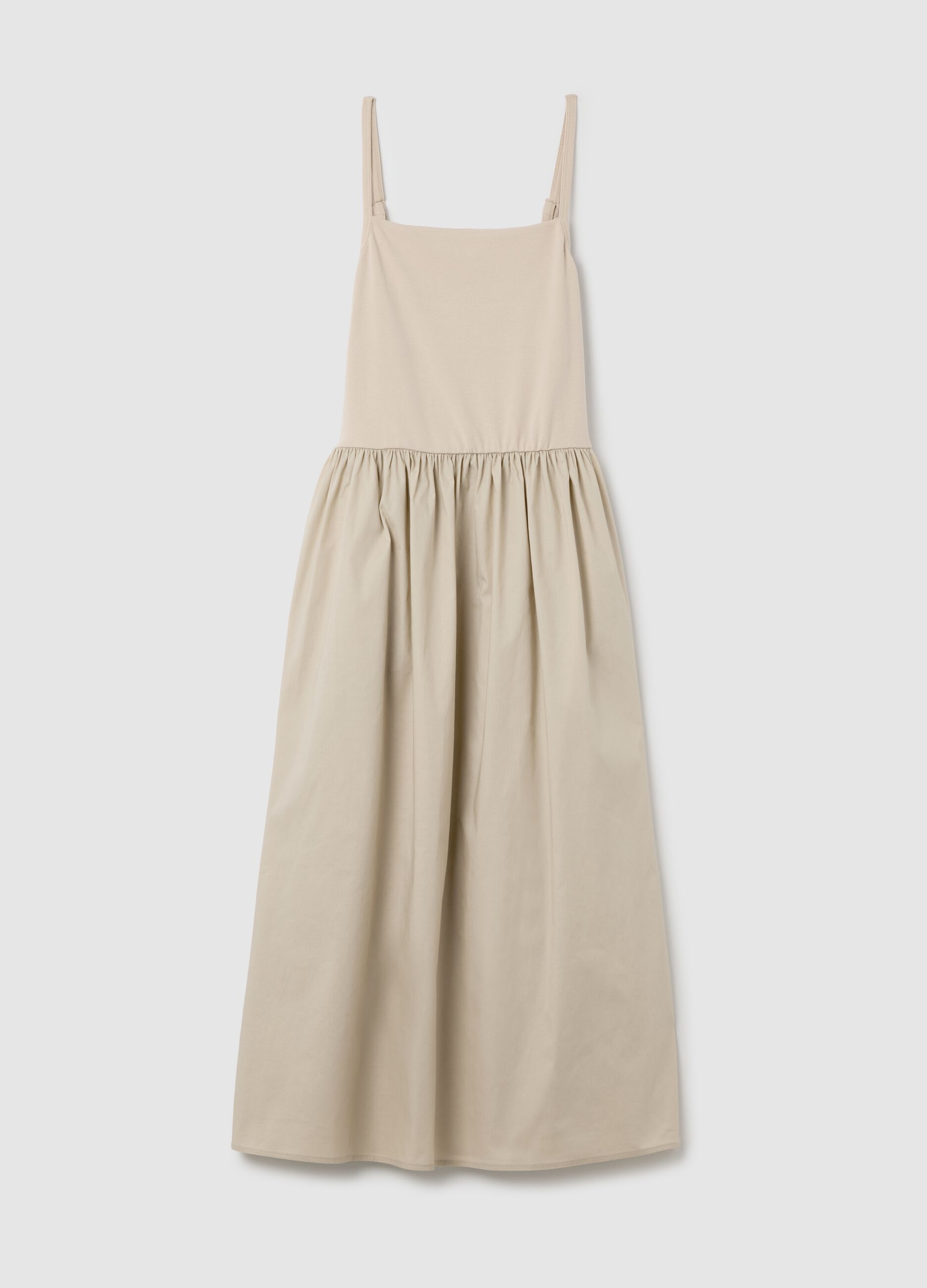 Abito lungo da donna in cotone elasticizzato beige senza maniche