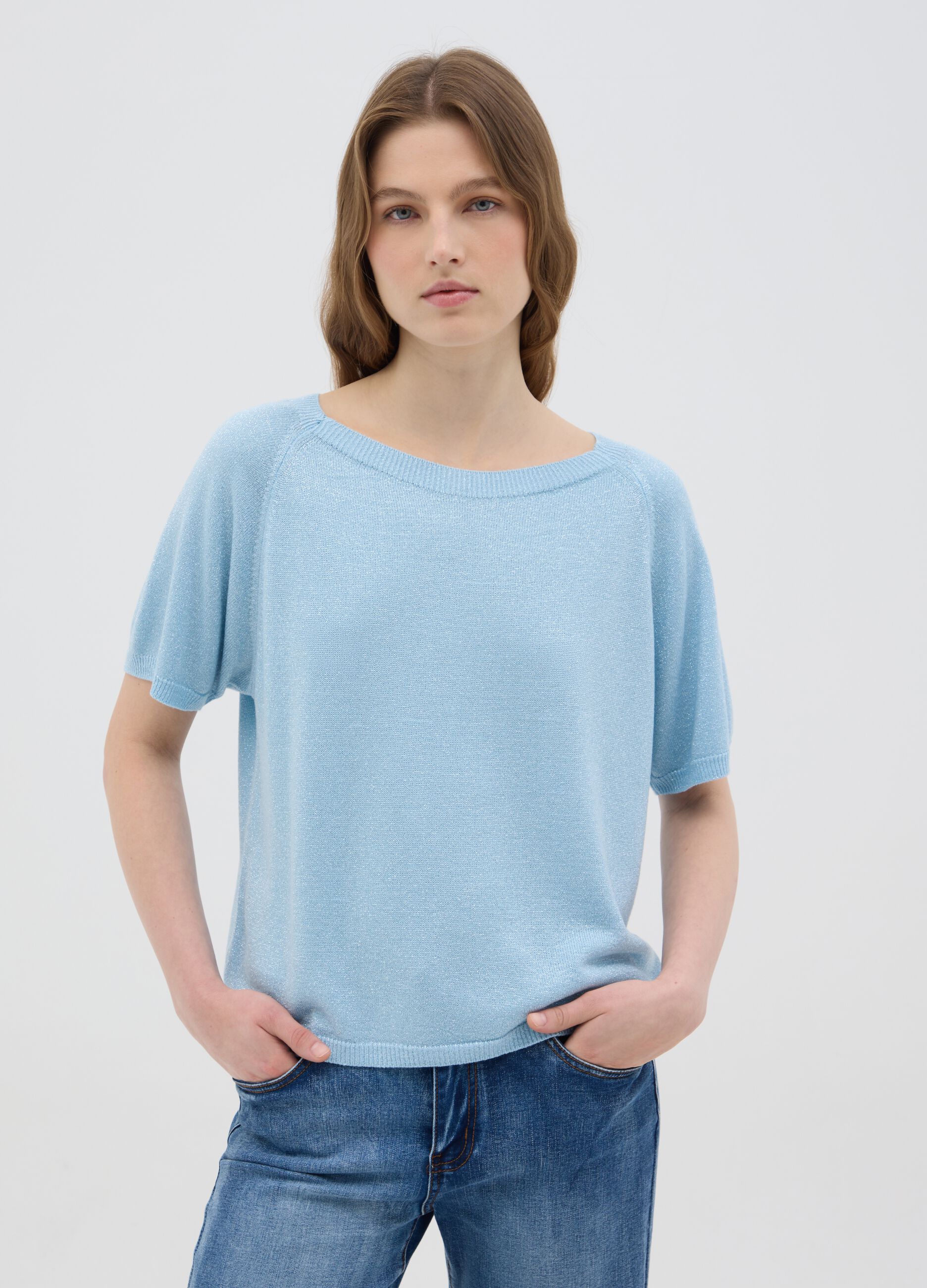 Women's blue viscose regular fit top with boat neckline