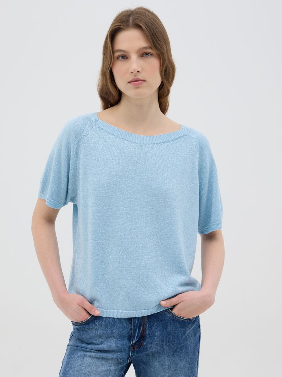 Women's blue viscose regular fit top with boat neckline_0