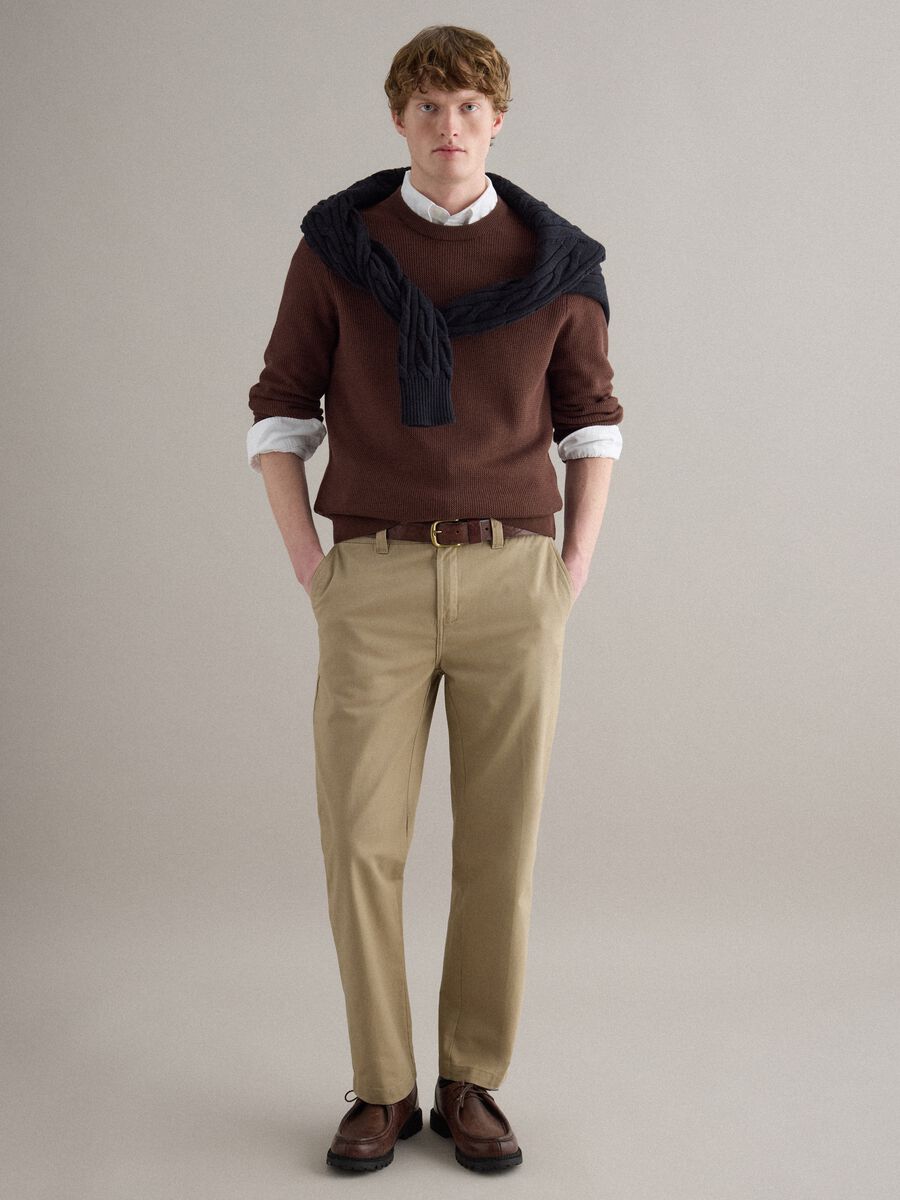 Pantaloni chino dritti in puro cotone twill beige regular fit_0
