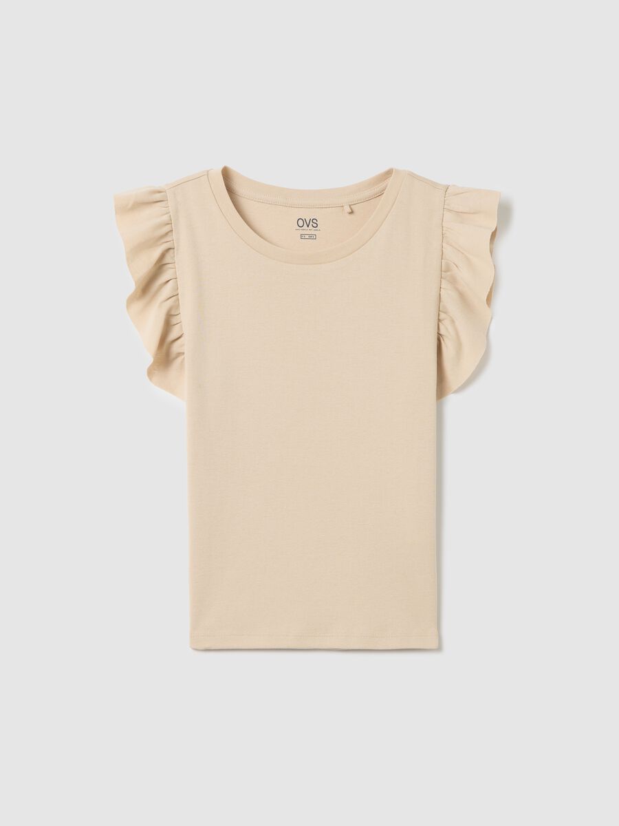 Beige cotton tee with ruched sleeves_4