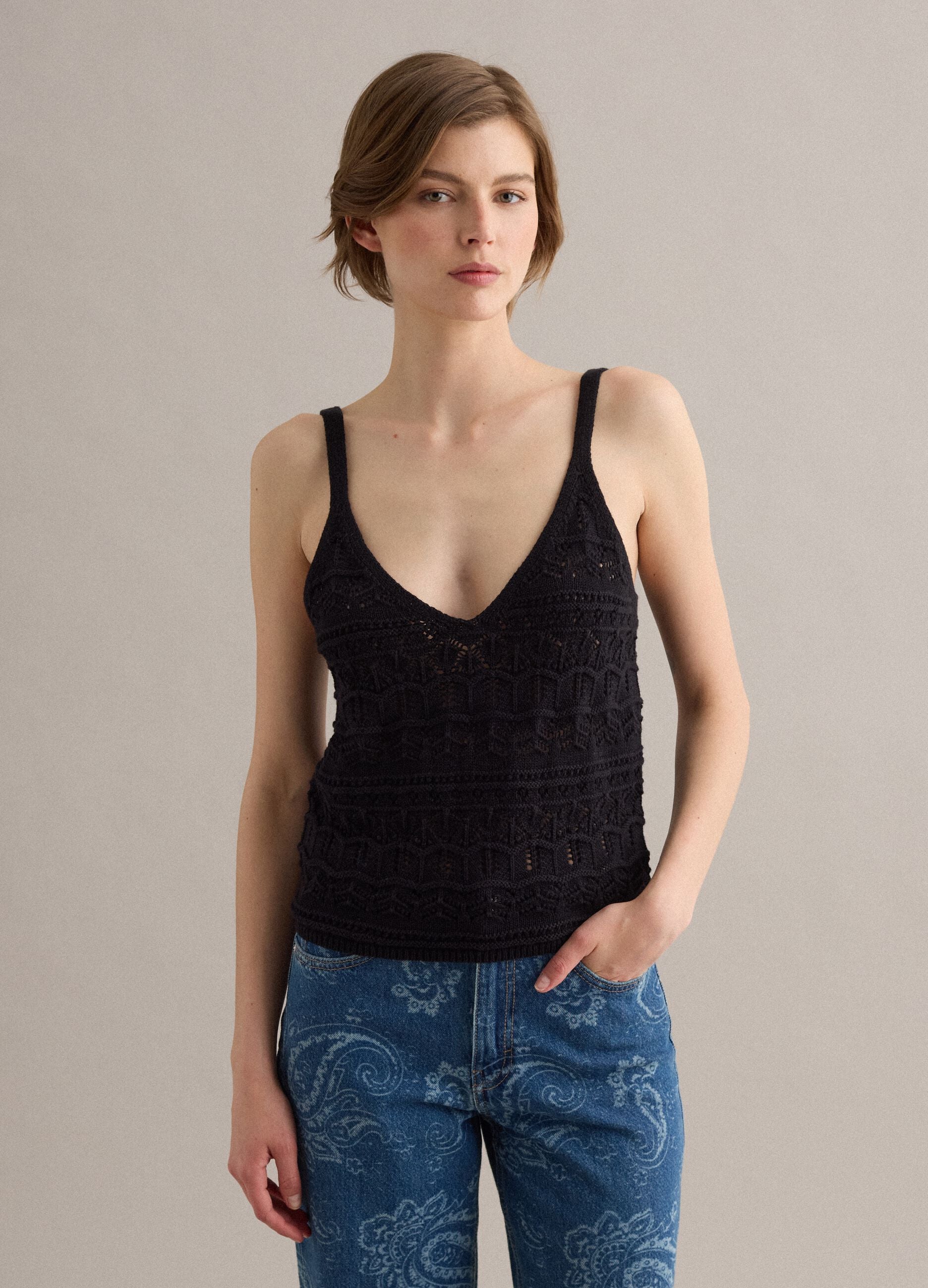 Black pure cotton regular-fit vest top with open-knit texture