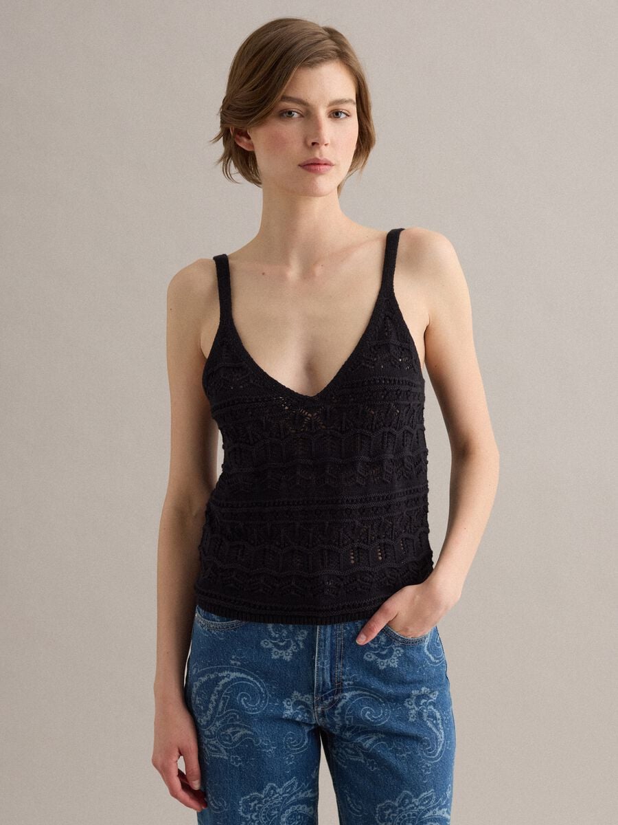 Black pure cotton regular-fit vest top with open-knit texture_0