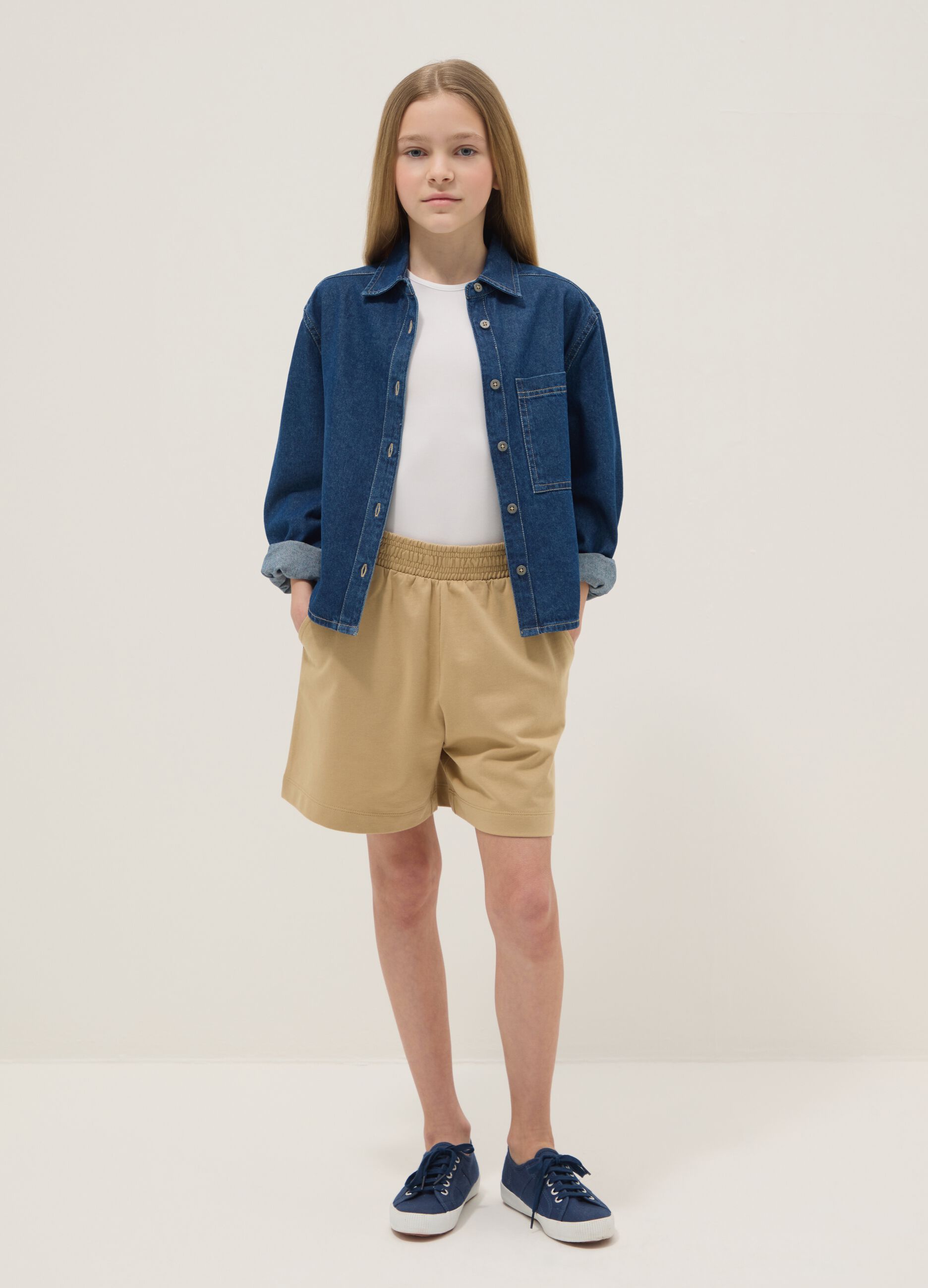 Girls' oversized fit beige pure cotton shorts