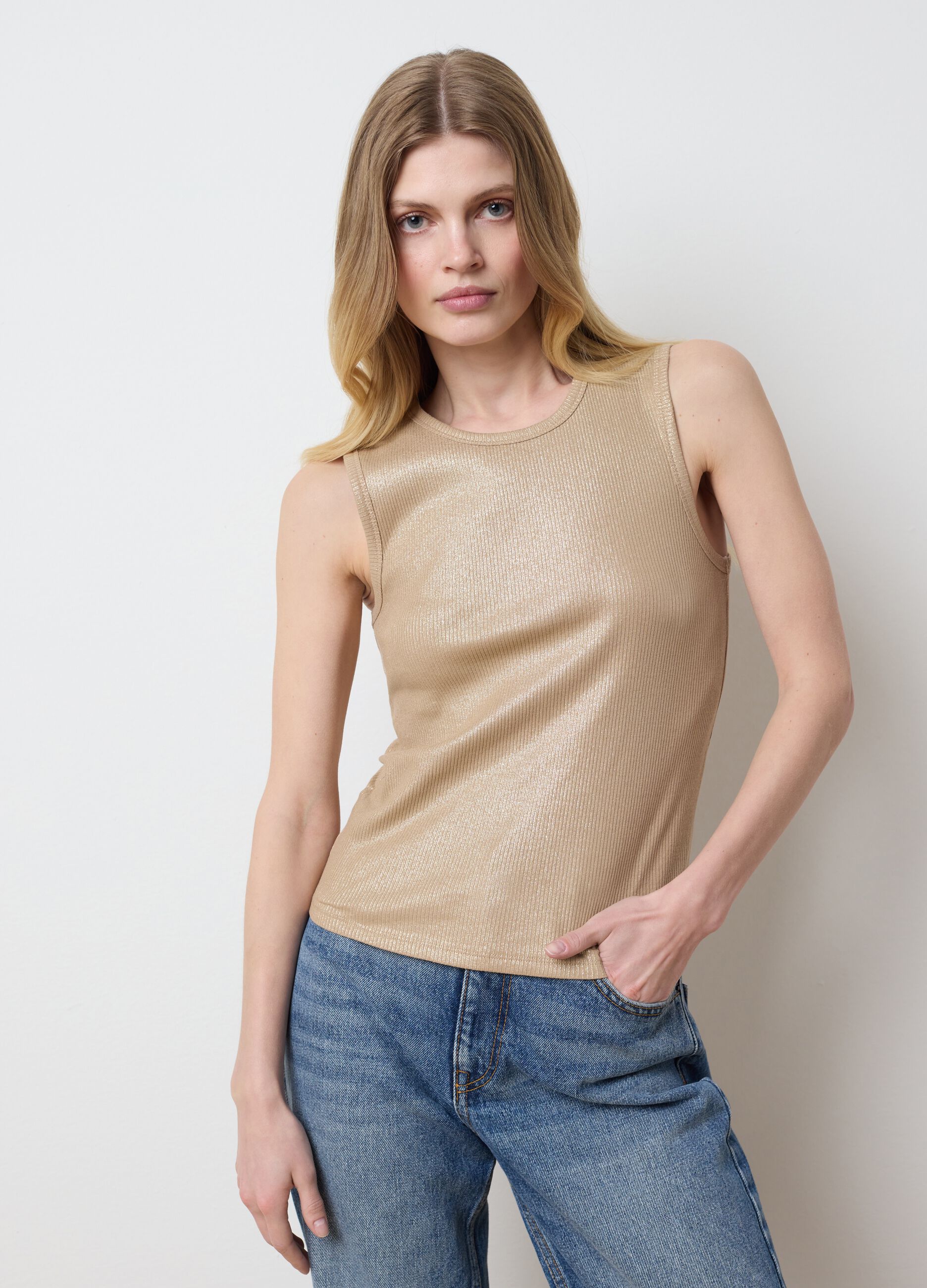 Beige ribbed tank top with lurex