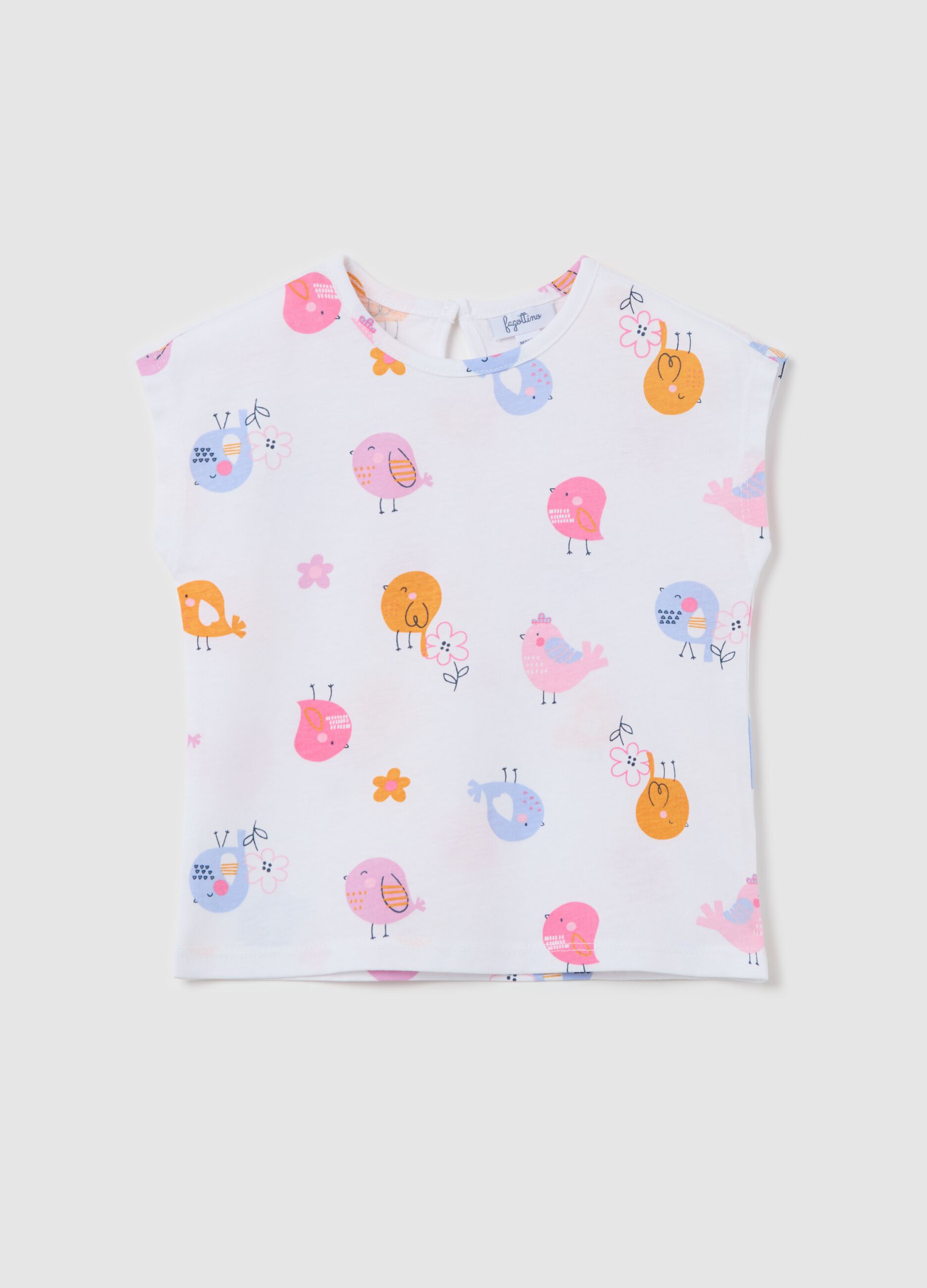 White cotton T-shirt with flowers and birds print