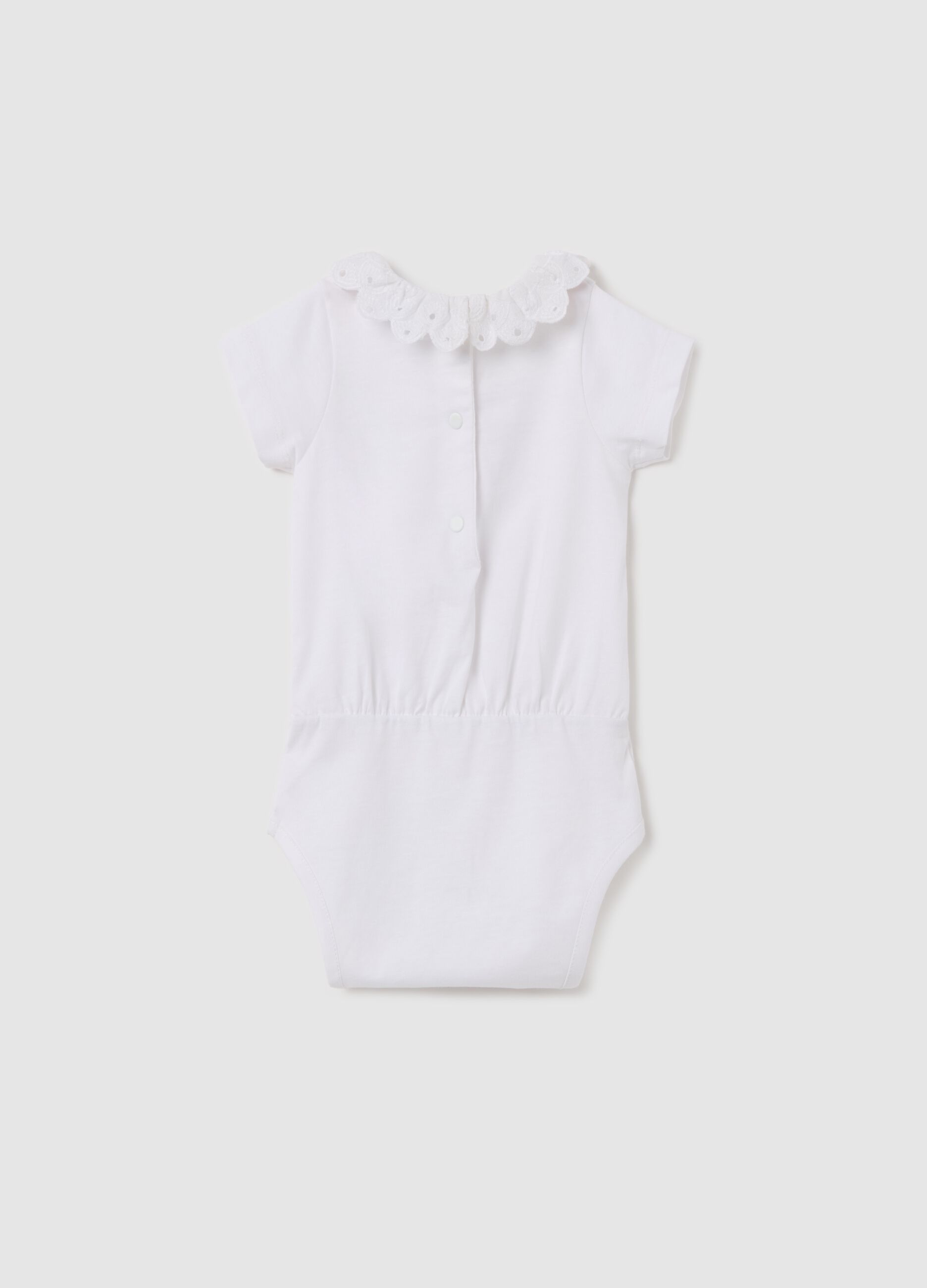 Cotton bodysuit with collar in broderie anglaise