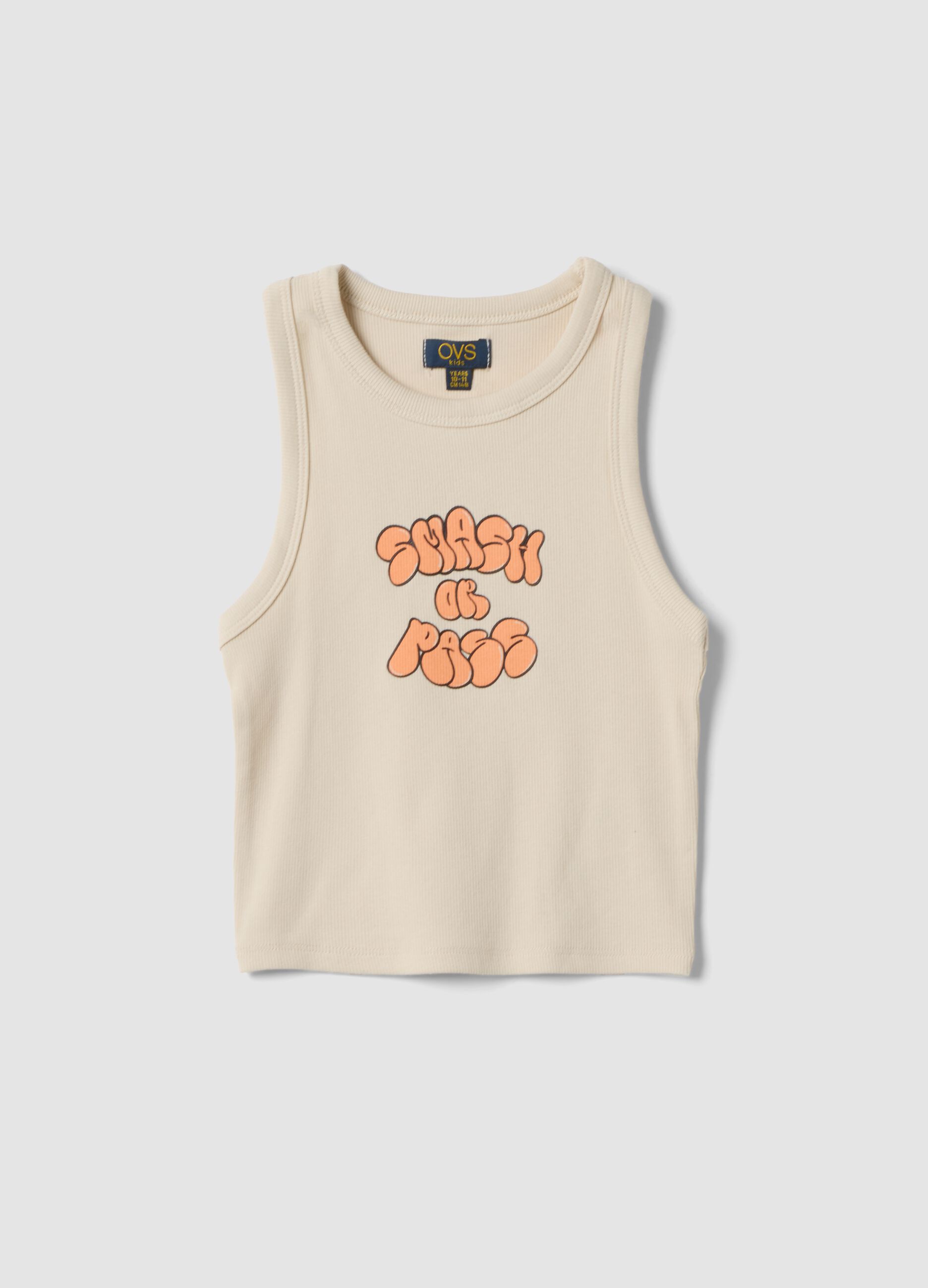 Beige fitted cotton-stretch printed vest top for girls