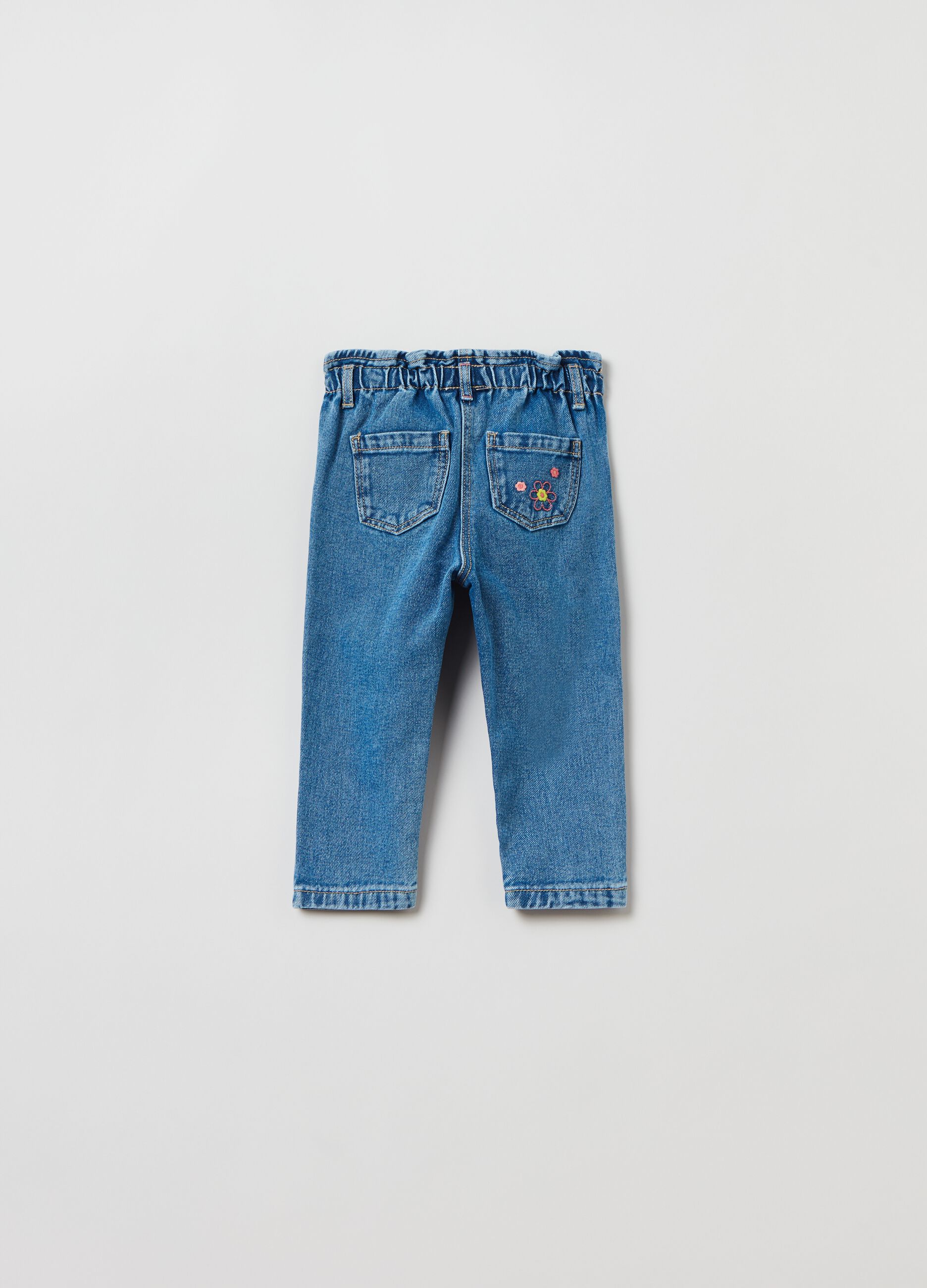 Jeans paper bag con ricamo fiori_1