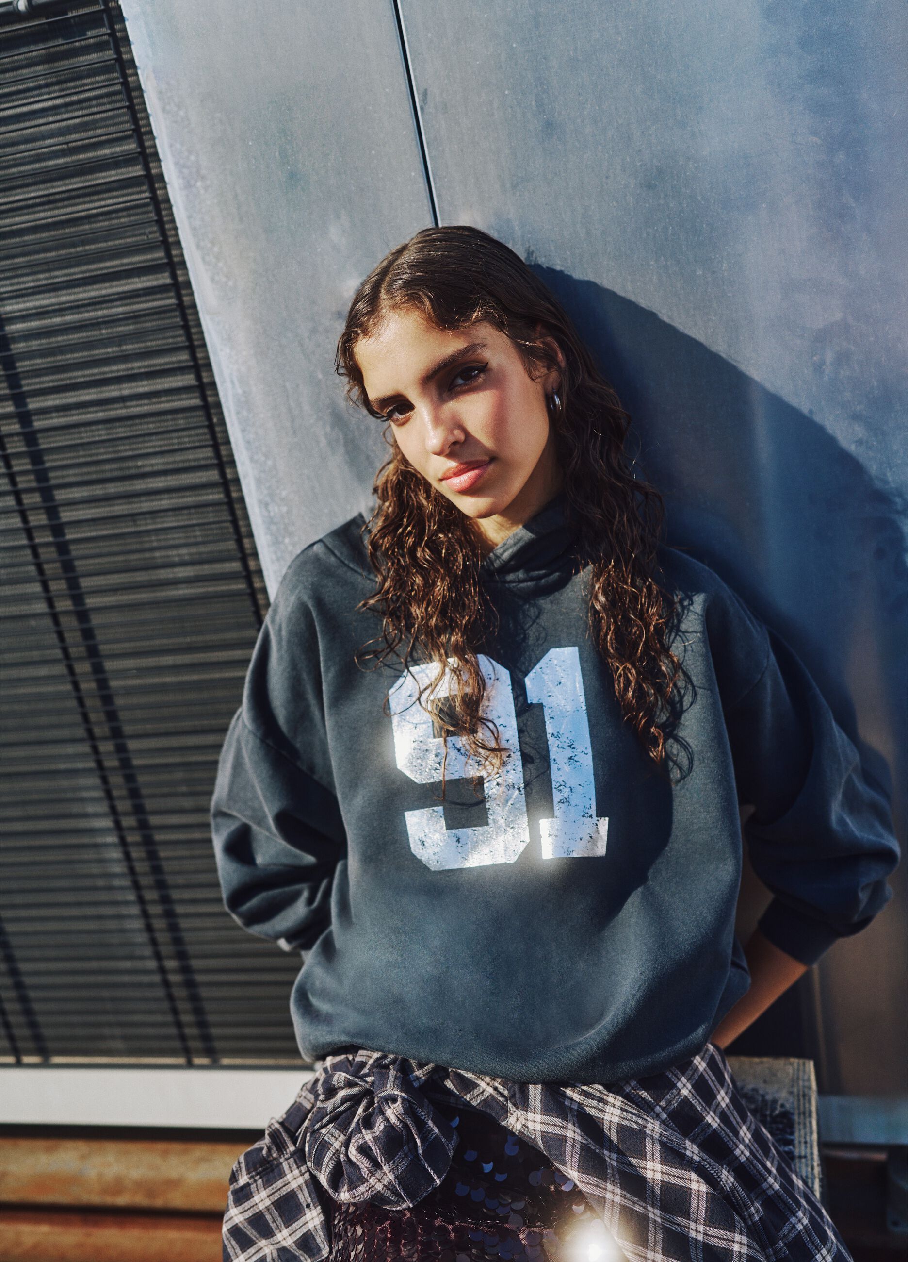 Grey cotton blend regular fit hoodie with print