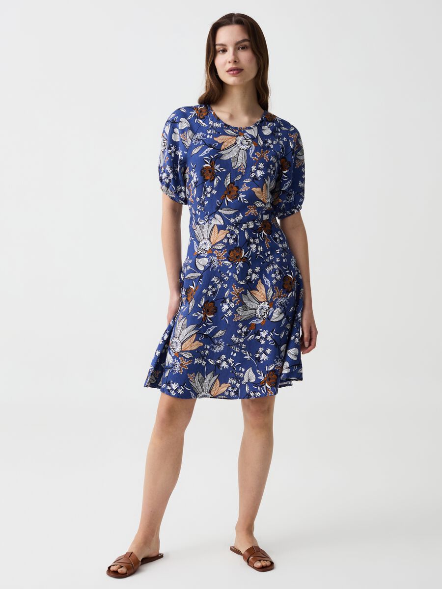 Short dress in linen and viscose with floral print_0