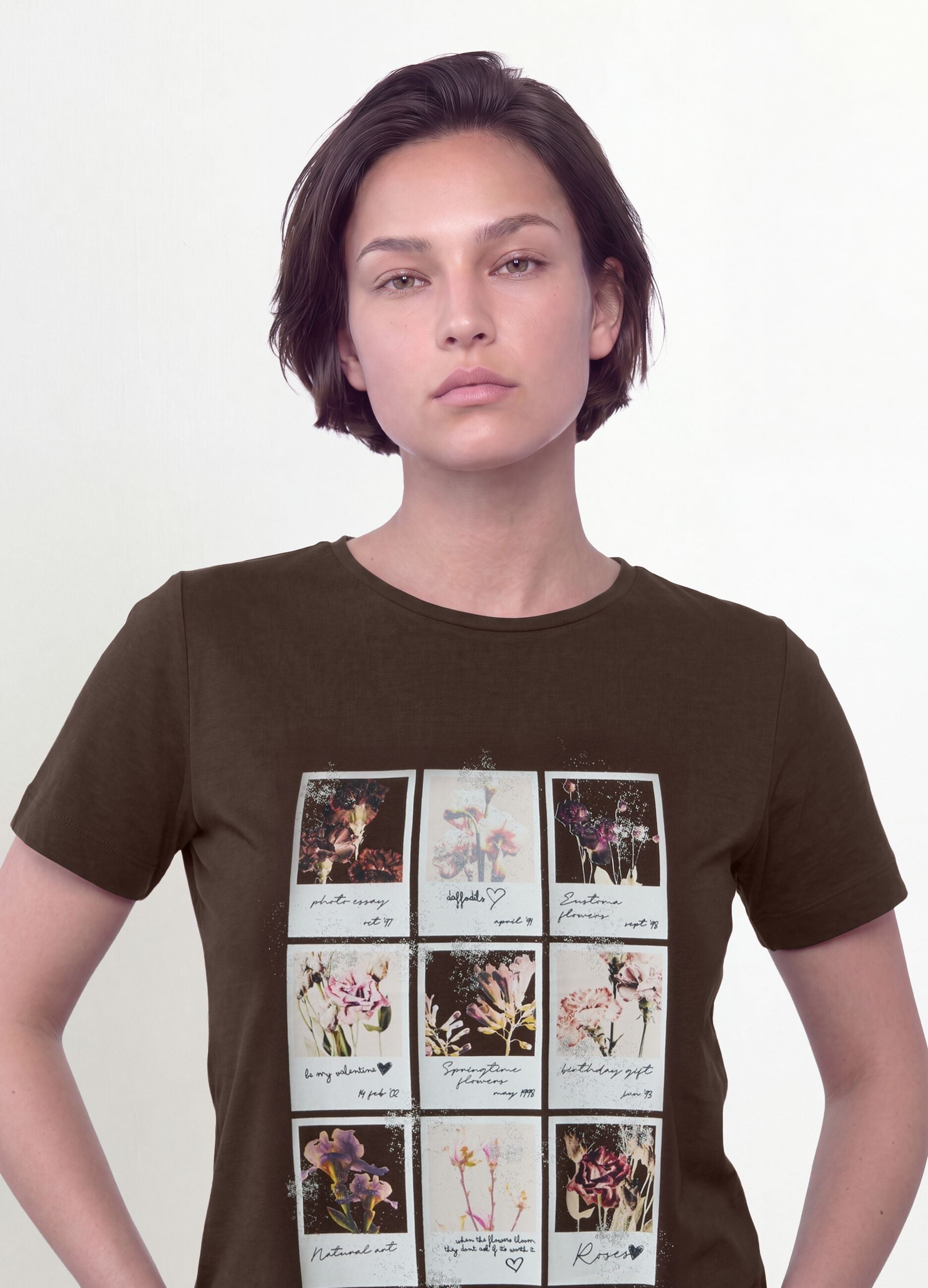 Brown pure cotton T-shirt with floral print, regular fit