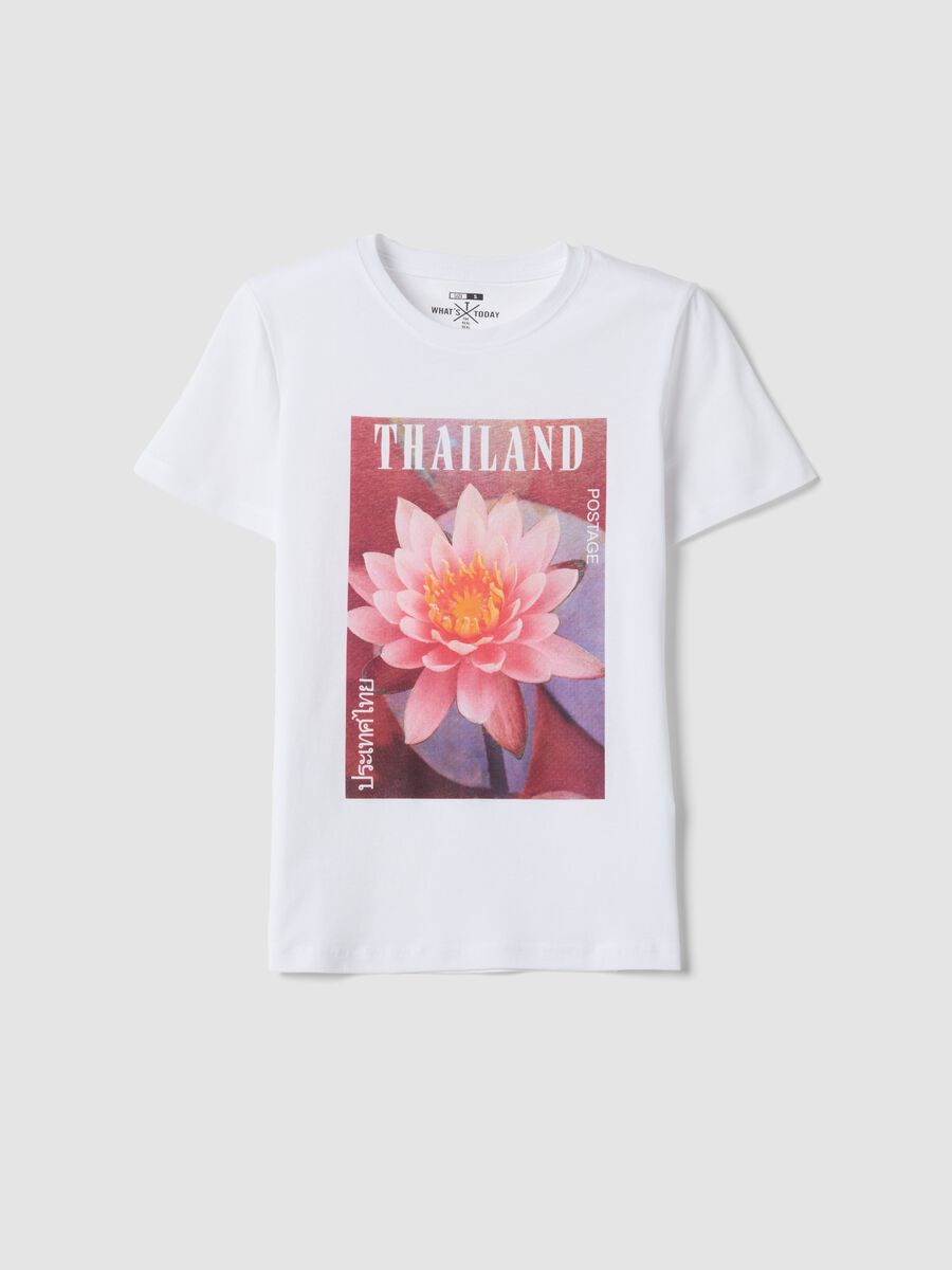 White pure cotton T-shirt with floral print_0