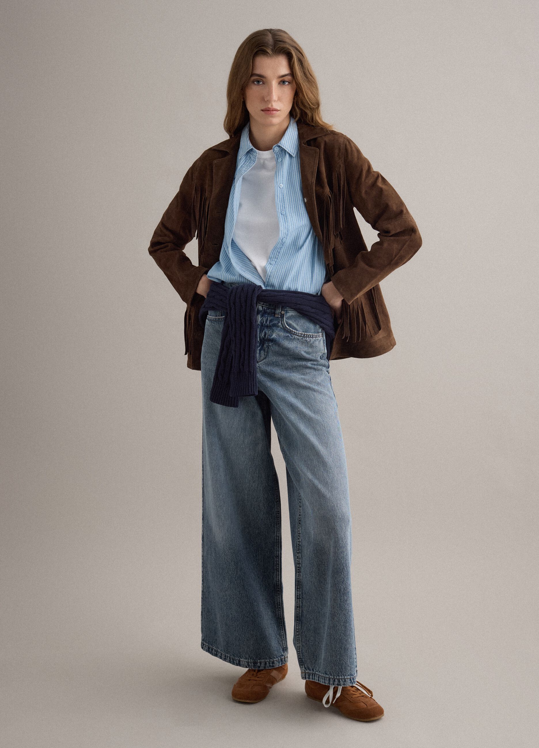 Giacca marrone in vera pelle con frange