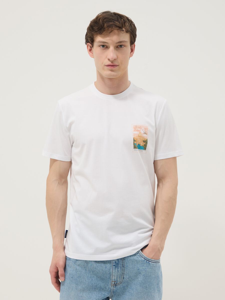 White pure cotton T-shirt with applied print, regular fit_0