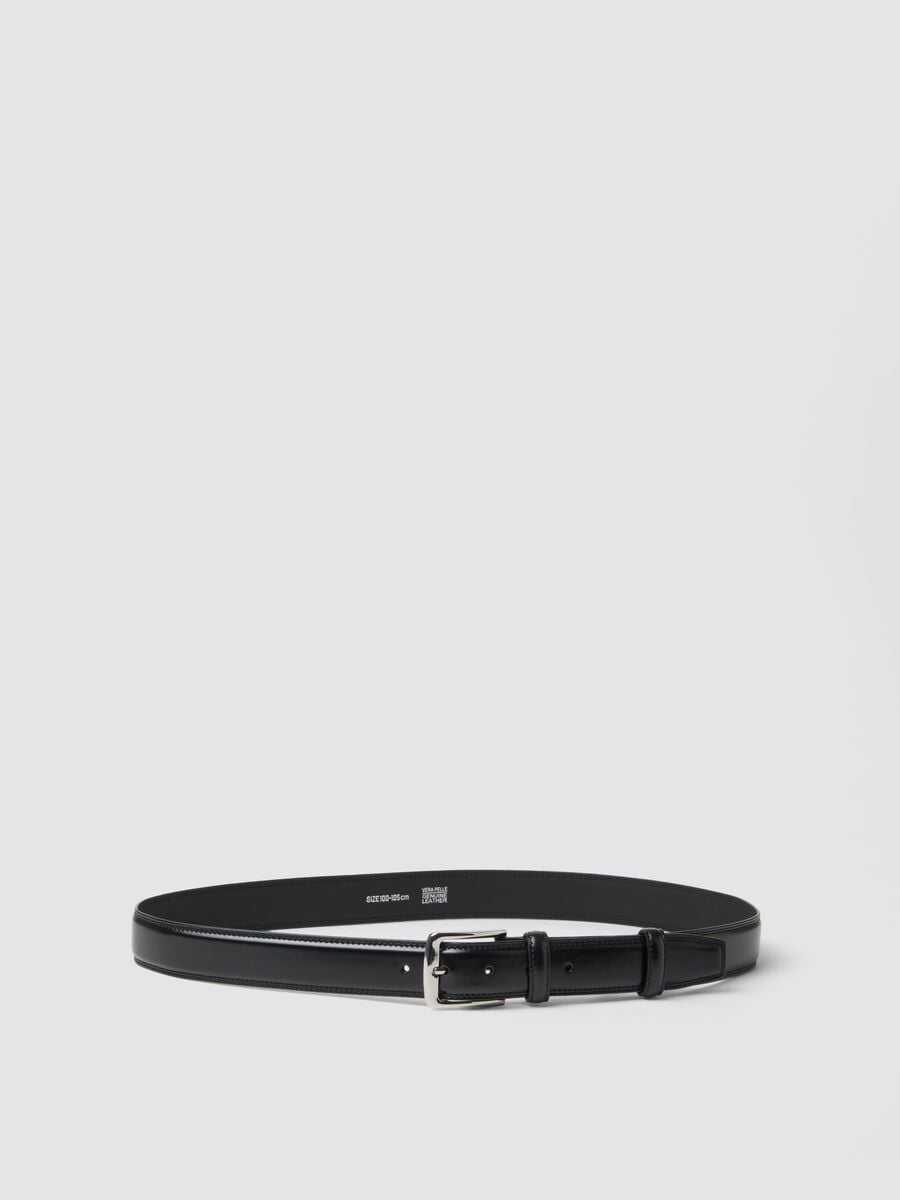 Black genuine leather belt with metal buckle_0