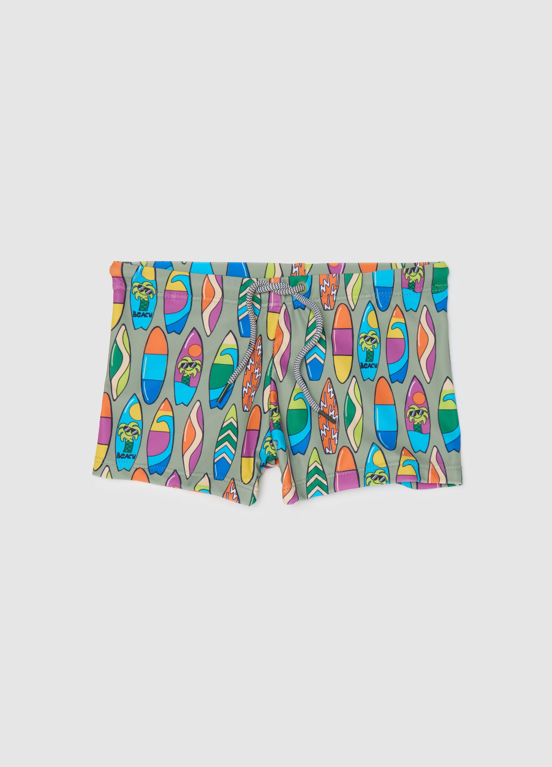 Boys’ swim briefs in multicoloured stretch fabric with print