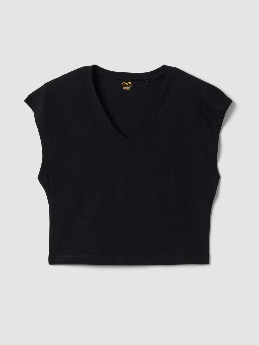 T-shirt blu in puro cotone con scollo a V regular fit_4