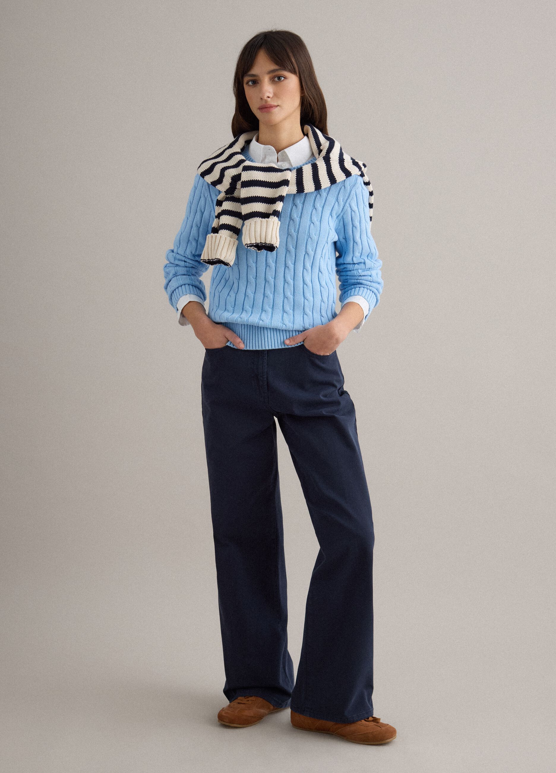 Blue pure cotton regular fit sweater with cable knit