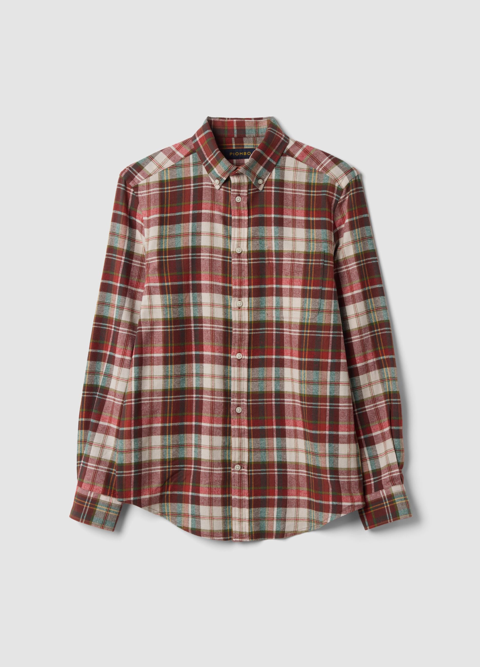 Orange and green checked pure cotton flannel shirt, regular fit