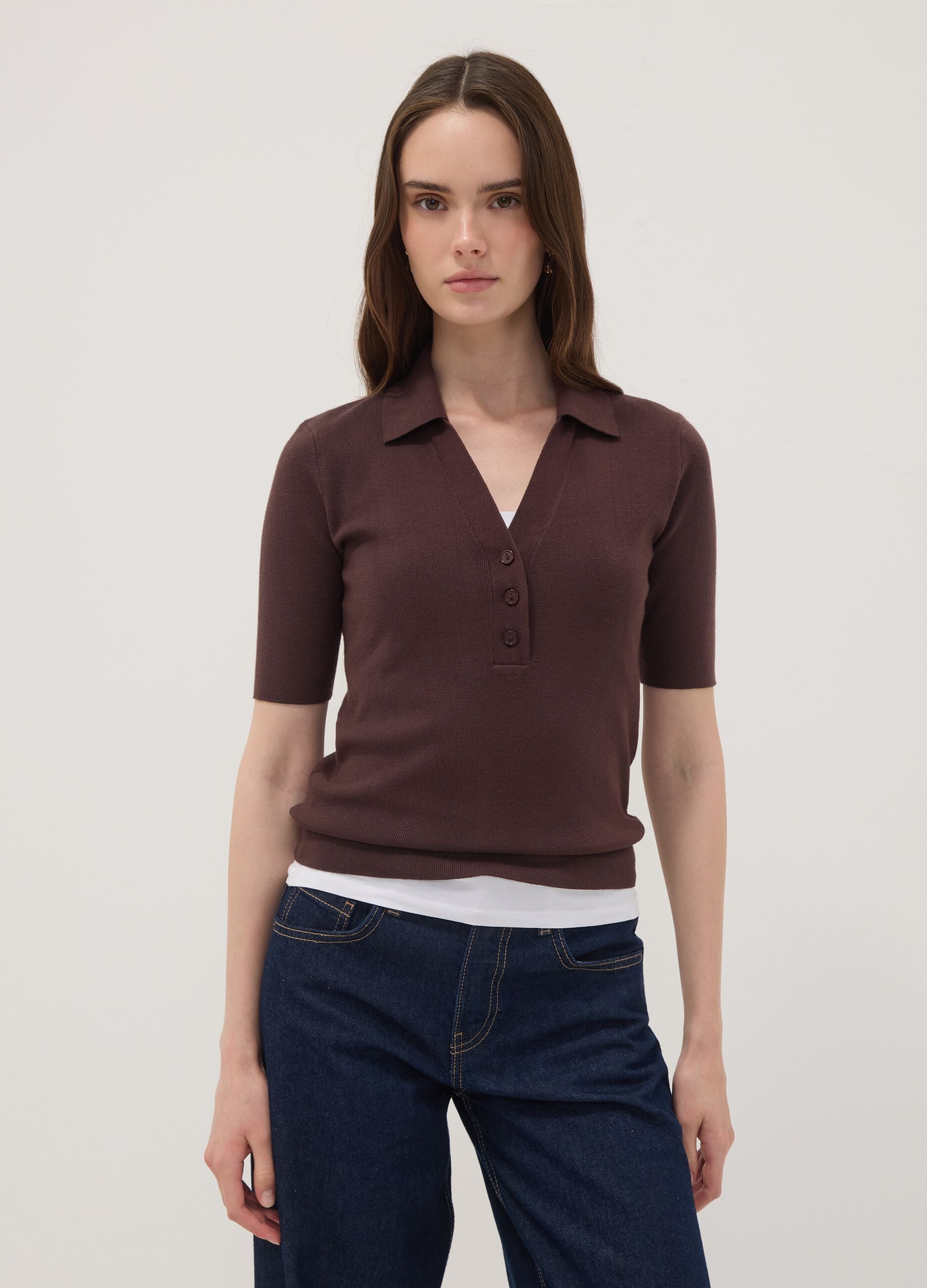 Brown viscose-blend polo jumper, regular fit
