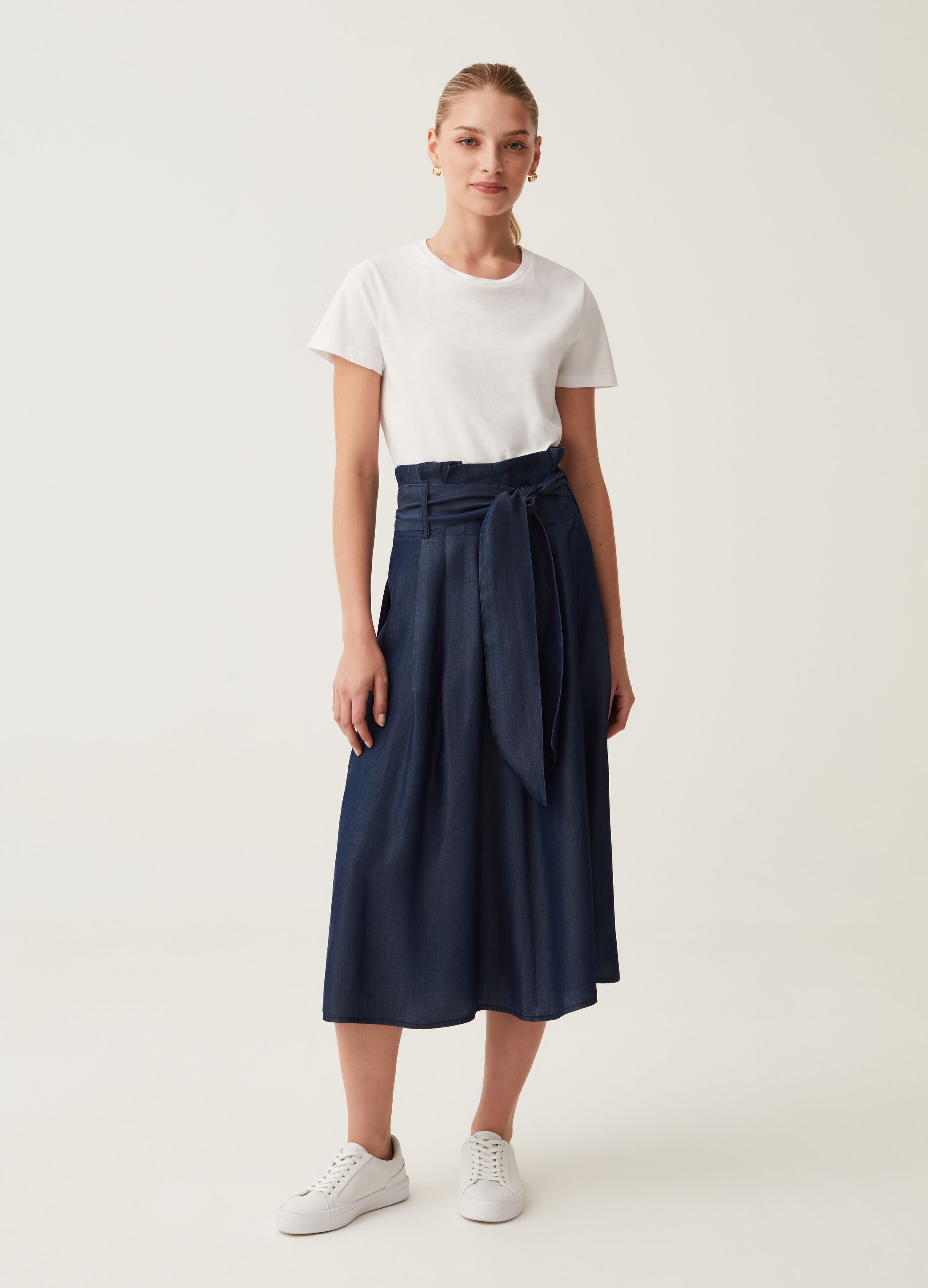 Denim-effect midi skirt with belt