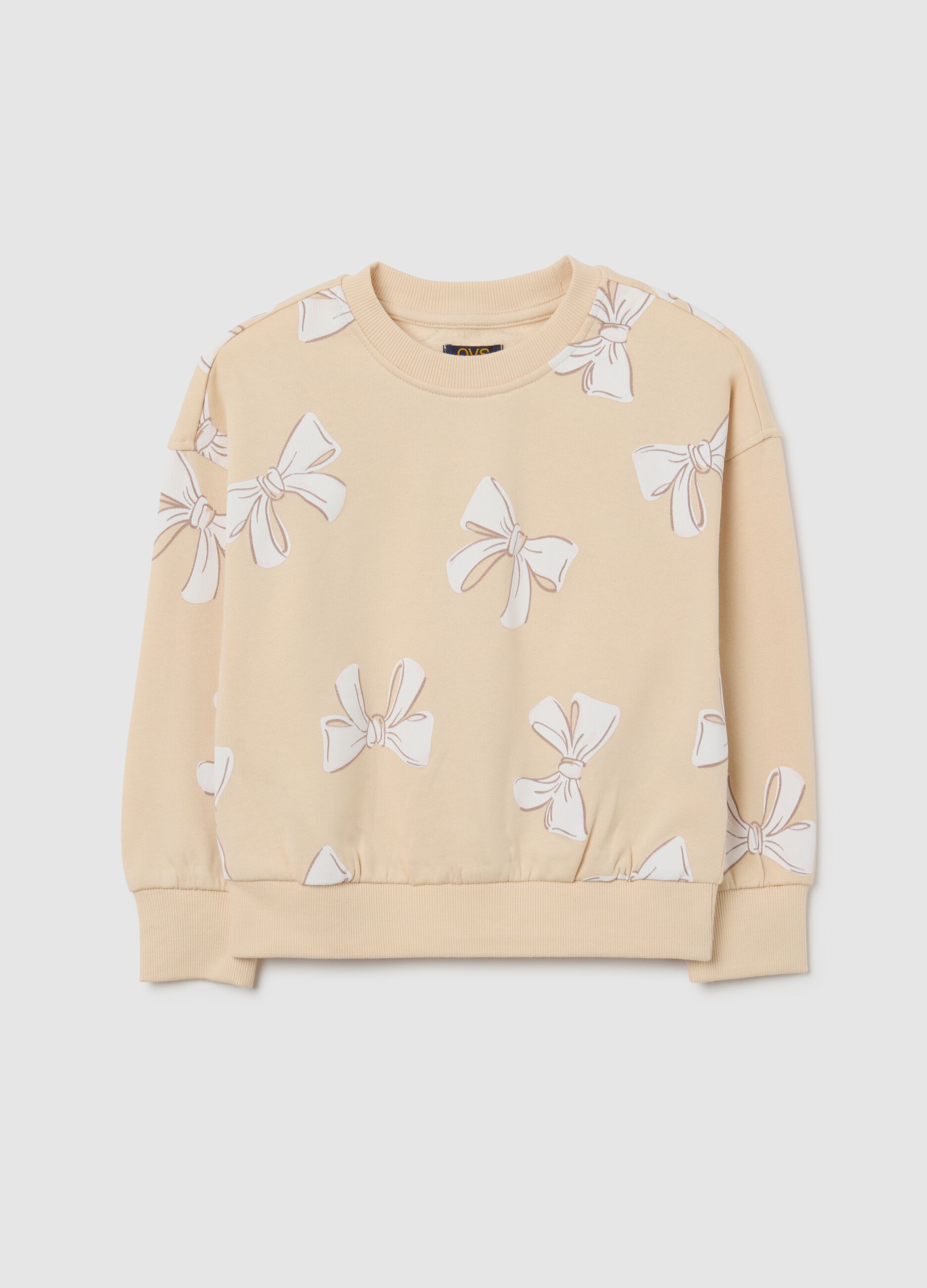 Girls' beige cotton sweatshirt with regular fit and crew neck