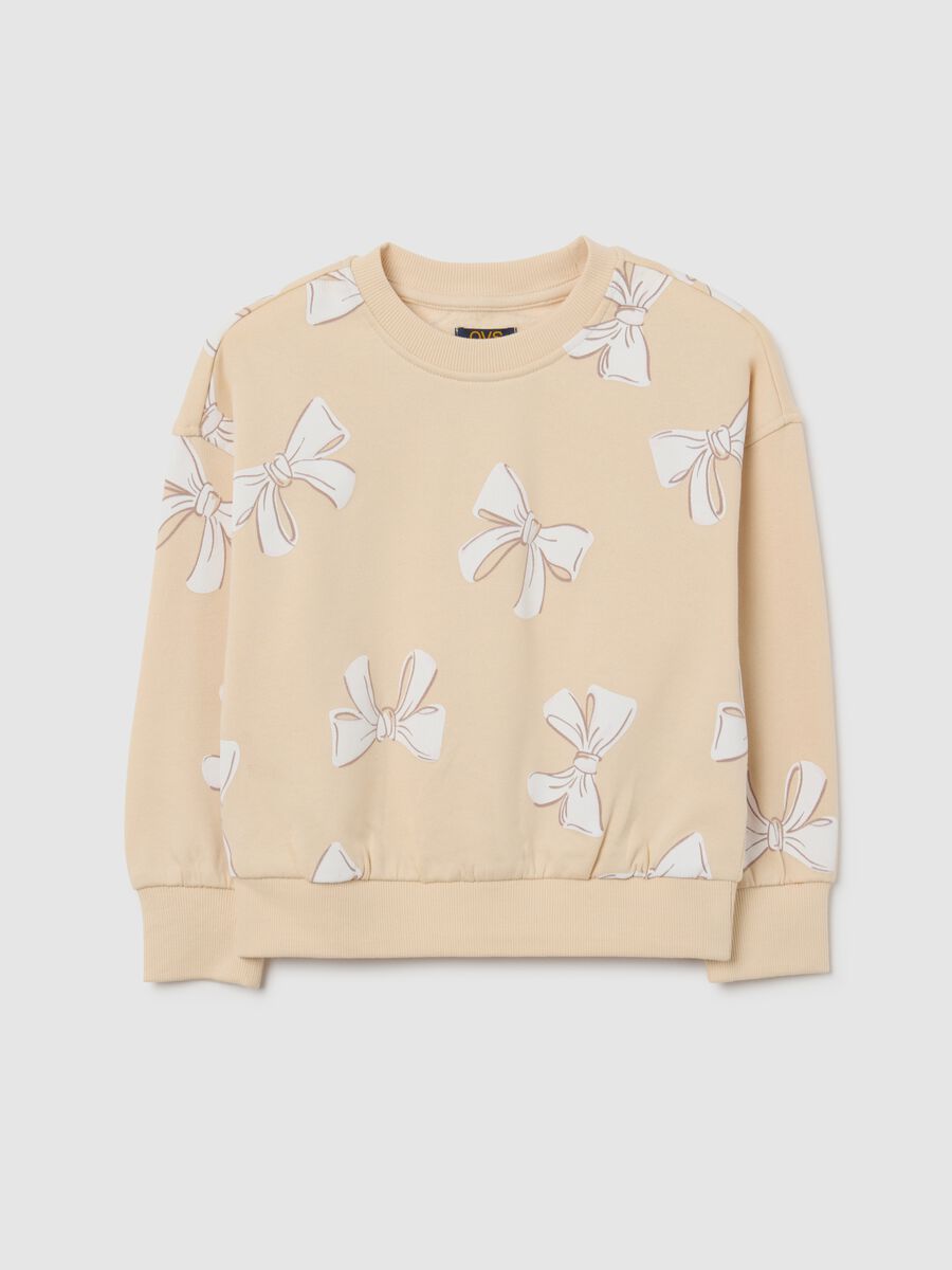 Girls' beige cotton sweatshirt with regular fit and crew neck_0
