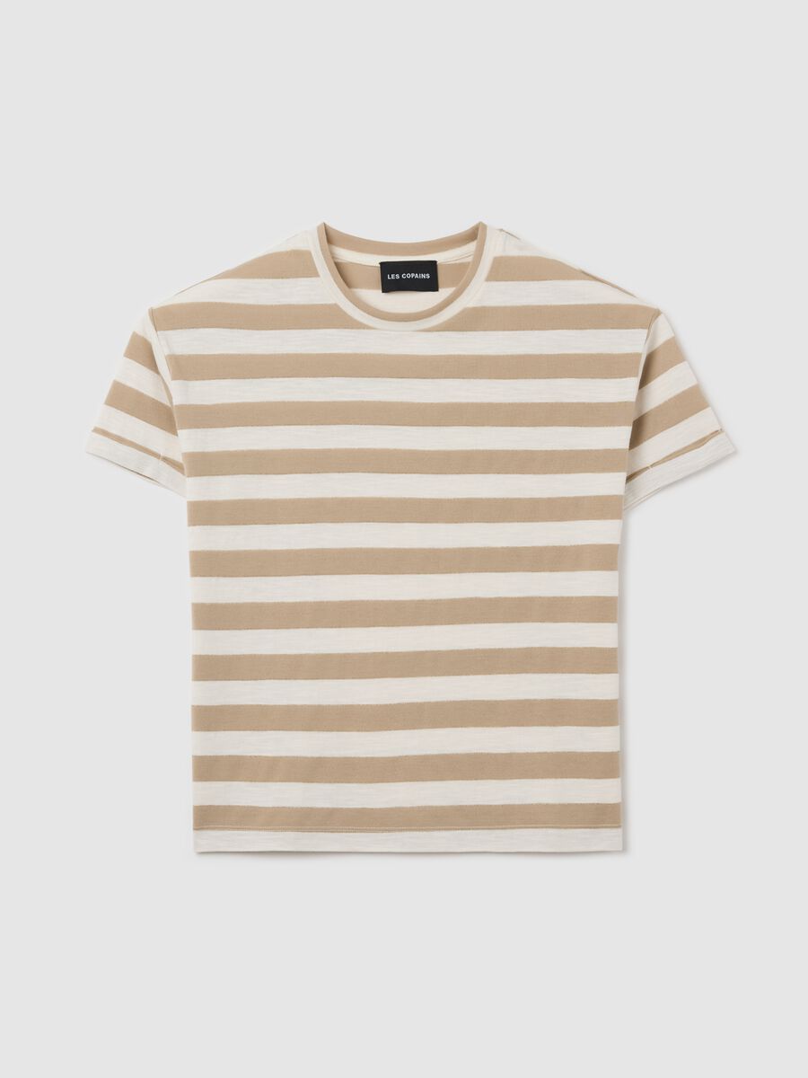 T-shirt in lurex a righe bianche e beige_0