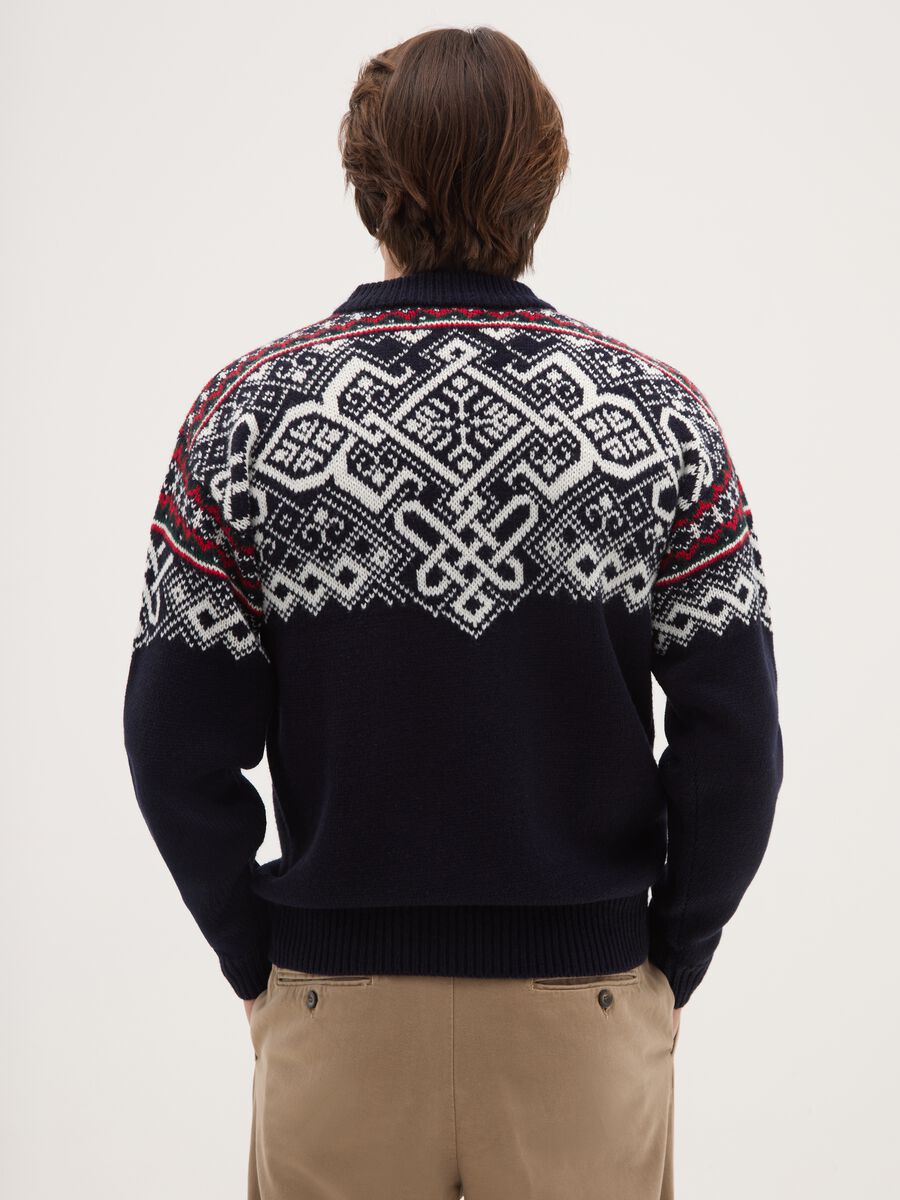 Pullover blu con motivo jacquard in misto lana con zip_3