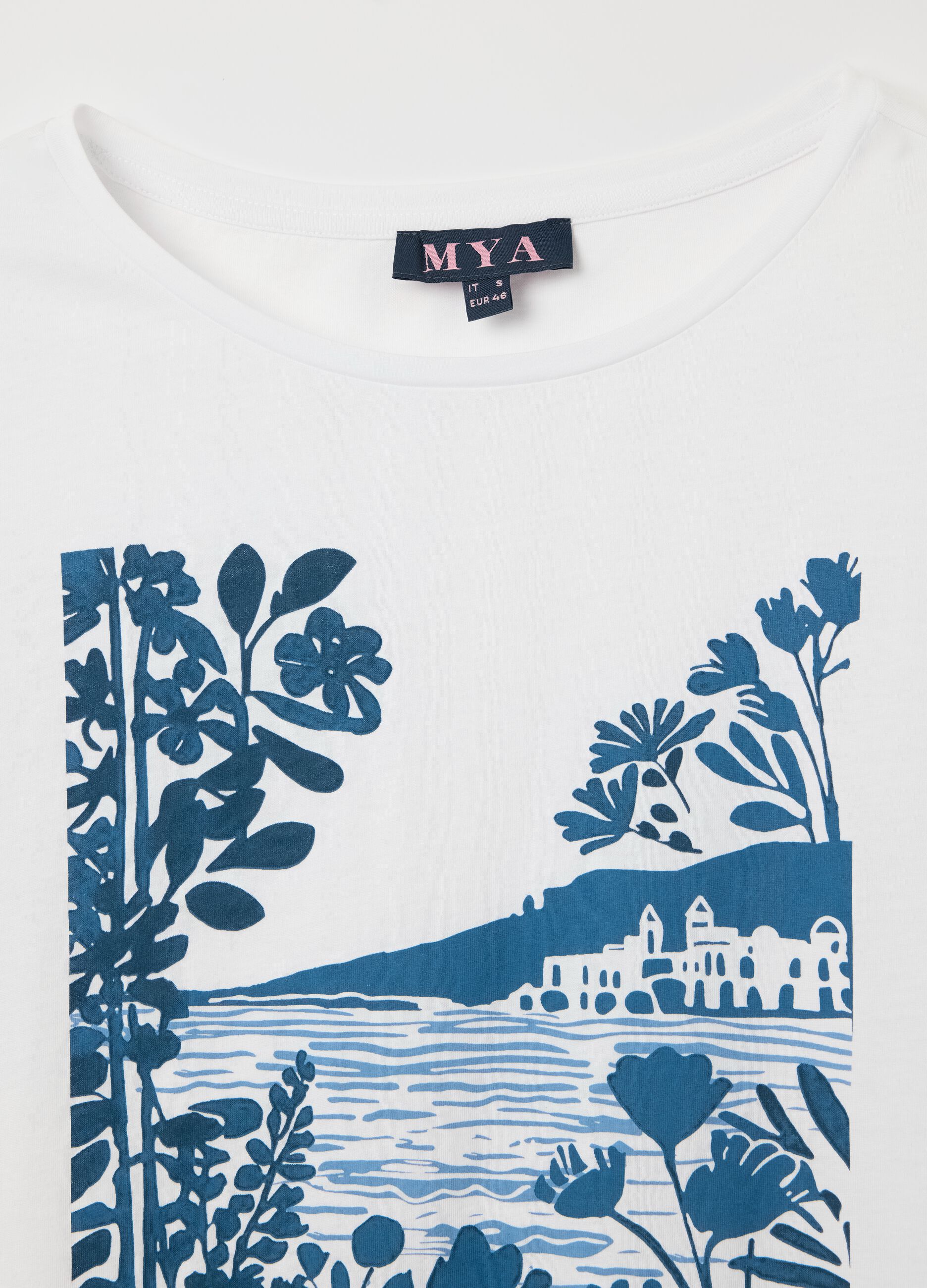 White T-shirt with blue Cannes print